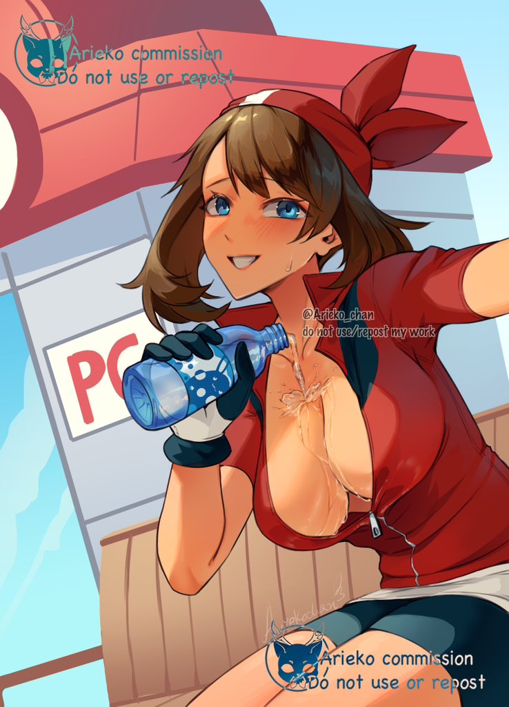 1girls, ariekochan, bandana, big breasts, bike shorts, bike shorts under shorts, blue eyes, blush, bottle, breasts, brown hair, cleavage, collarbone, female, female only, gloves, holding, holding bottle, large breasts, looking at viewer, may (pokemon), medium hair, nintendo, open mouth, partially unzipped, pokemon, pokemon center, pokemon rse, pouring, pouring onto self, red bandana, red shirt, shirt, shorts, shorts under shorts, smile, solo, sweat, water, water bottle