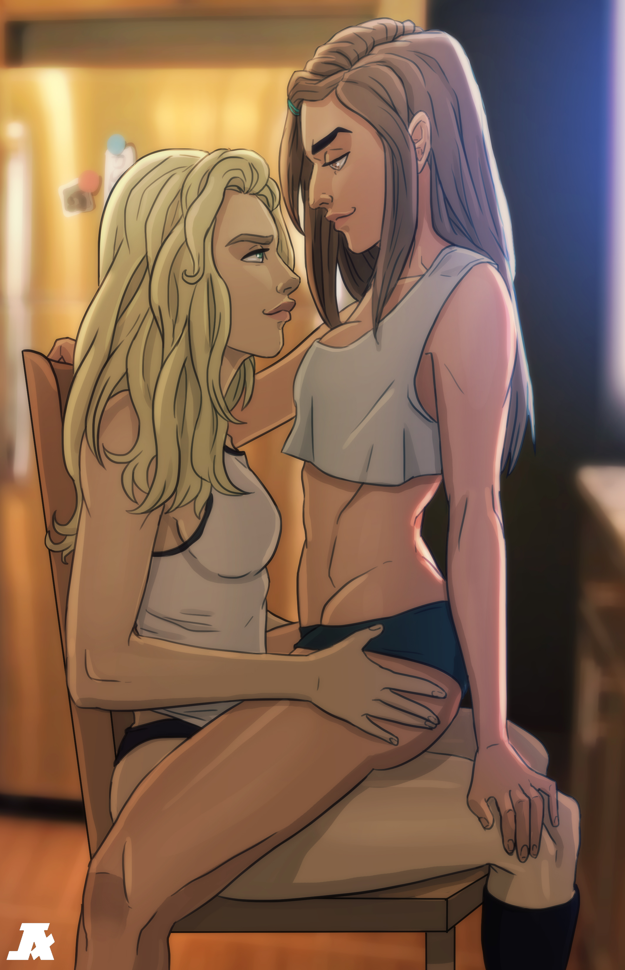 2girls, andava, andavaverse, best friends, blonde hair, breasts, brianna (andava), brown hair, erica andreyko, eye contact, female, female only, looking at another, medium breasts, original, pumpkinsinclair, sitting on lap, sitting on person, thick eyebrows, yuri