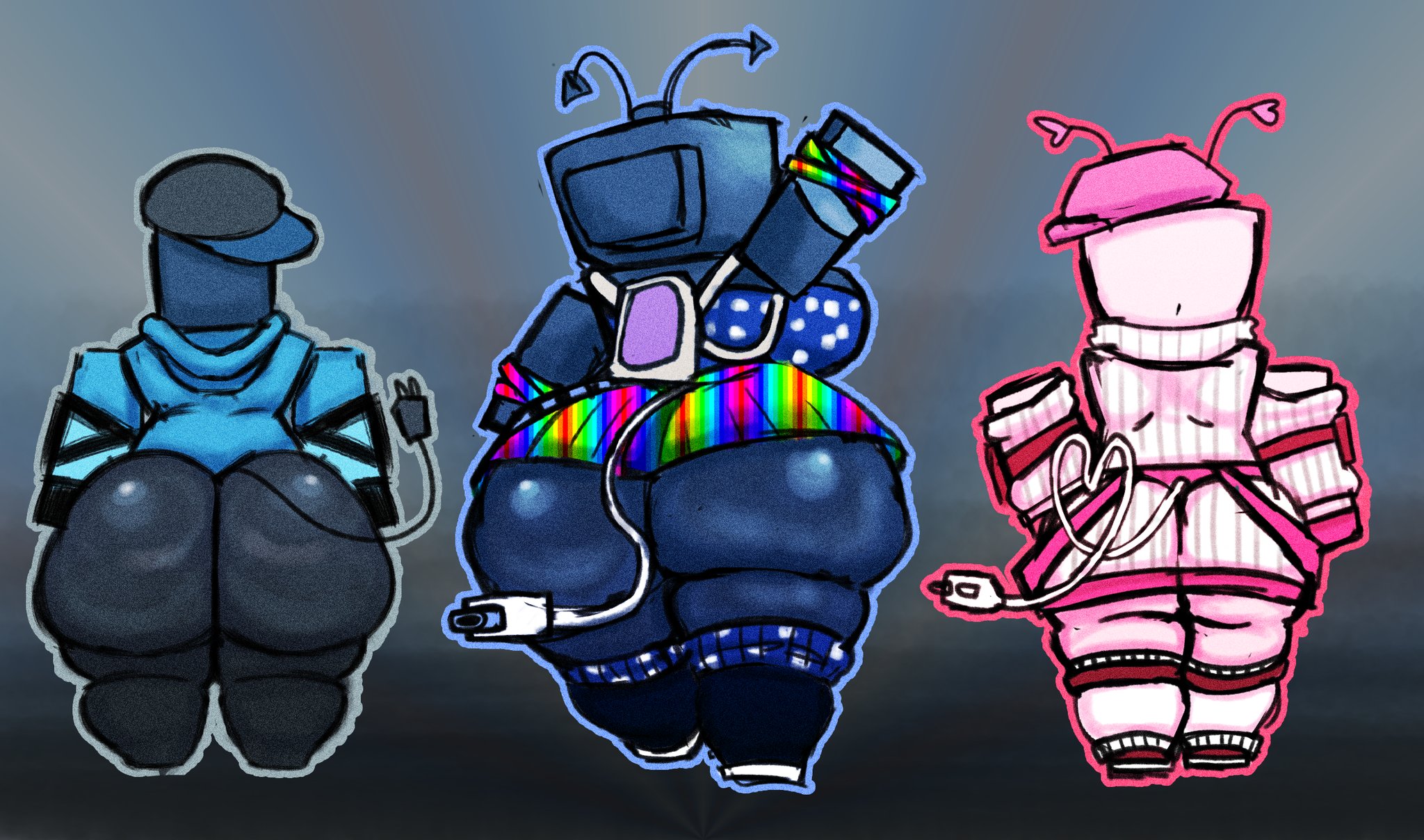 1boy, 2girls, 2girls1boy, ass, ass focus, back, back view, big ass, big breasts, breasts, clothed, clothed female, clothed male, clothing, female, femboy, forsaken (roblox), franartznsfw, ipad veeronica, lovebug veeronica, male, nyan veeronica, roblox, roblox game, robloxian, tagme, thick thighs, thighs, veeronica