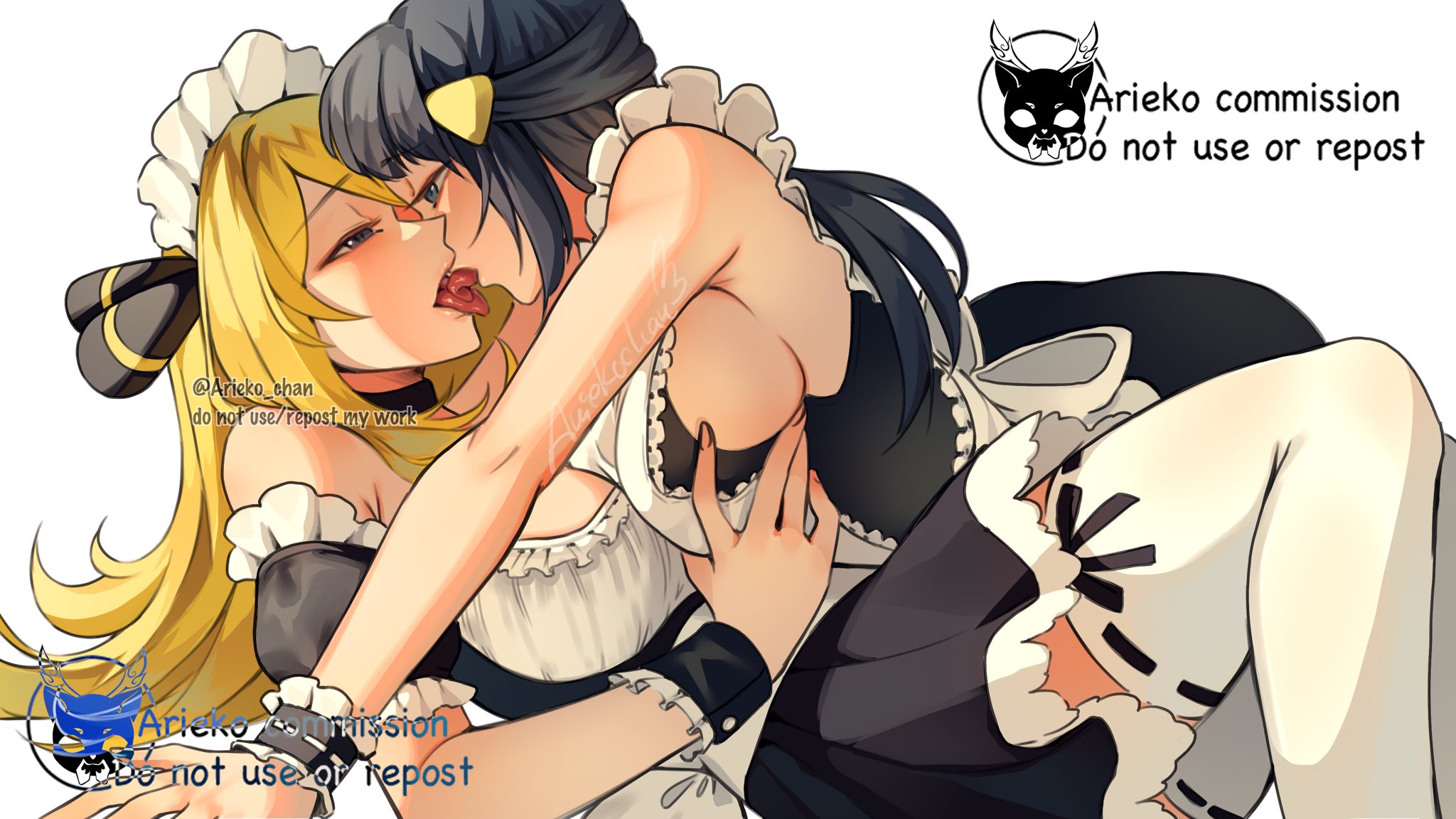 2girls, apron, ariekochan, bare shoulders, black choker, black dress, black hair, blonde hair, blue eyes, blue hair, blush, breasts, choker, closed mouth, cynthia (pokemon), dawn (pokemon), dress, eye contact, female, female only, french kiss, game freak, grey eyes, hair ornament, hair over one eye, highres, kissing, large breasts, light-skinned female, long hair, looking at another, maid, maid apron, maid headdress, multiple girls, nintendo, pokemon, pokemon dppt, sleeveless, sleeveless dress, thighhighs, tongue, tongue out, very long hair, white apron, white background, white headdress, white thighhighs, wrist cuffs, yuri