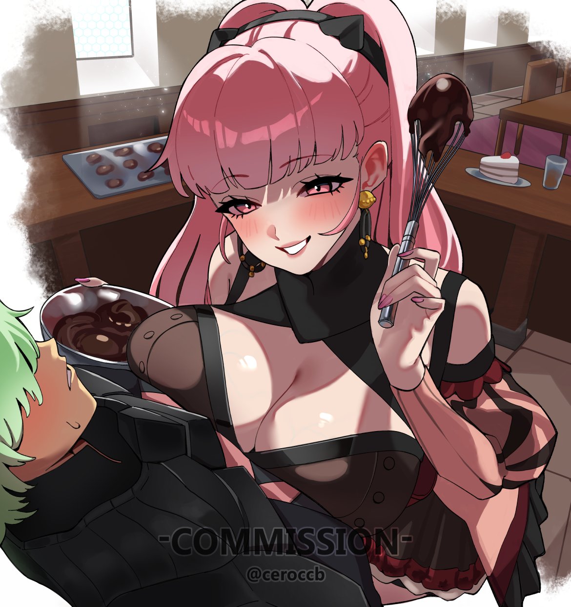 1boy, 1girls, 2026, 2d, 2d (artwork), artist name, big breasts, breast press, breasts, byleth (fire emblem), byleth (fire emblem) (male), ceroccb, chocolate, cleavage, clothed, clothed female, clothed male, commission, earrings, female, fire emblem, fire emblem: three houses, green hair, hilda valentine goneril, hilda valentine goneril (timeskip), human, human only, jewelry, large breasts, light skin, light-skinned female, light-skinned male, long hair, looking at partner, nintendo, pink eyes, pink hair, post-timeskip, questionable, smile, smiling at partner, straight, valentine