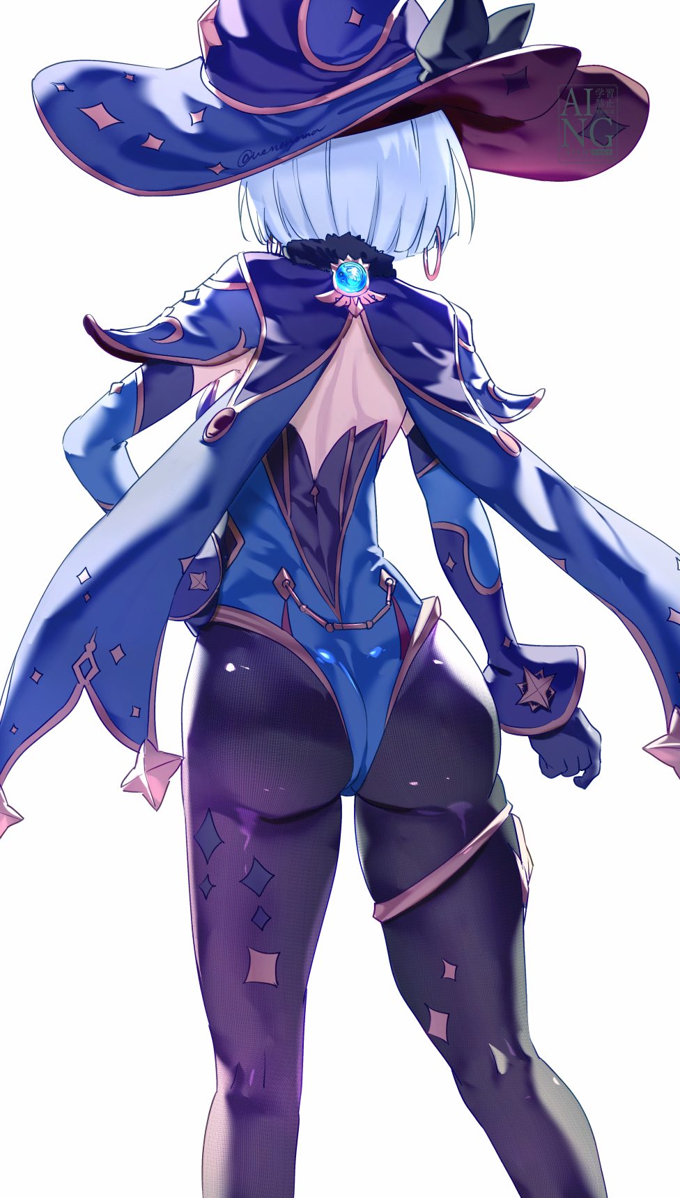 1girls, armwear, ass, ass focus, back, back view, barbeloth (genshin impact), big ass, blue leotard, cosplay, detached sleeves, ear piercing, earrings, female, female only, genshin impact, hair, hat, headwear, hoop earrings, leggings, legwear, leotard, mona (genshin impact) (cosplay), short hair, solo, solo female, thigh strap, uenoryoma, white background, white hair, witch hat