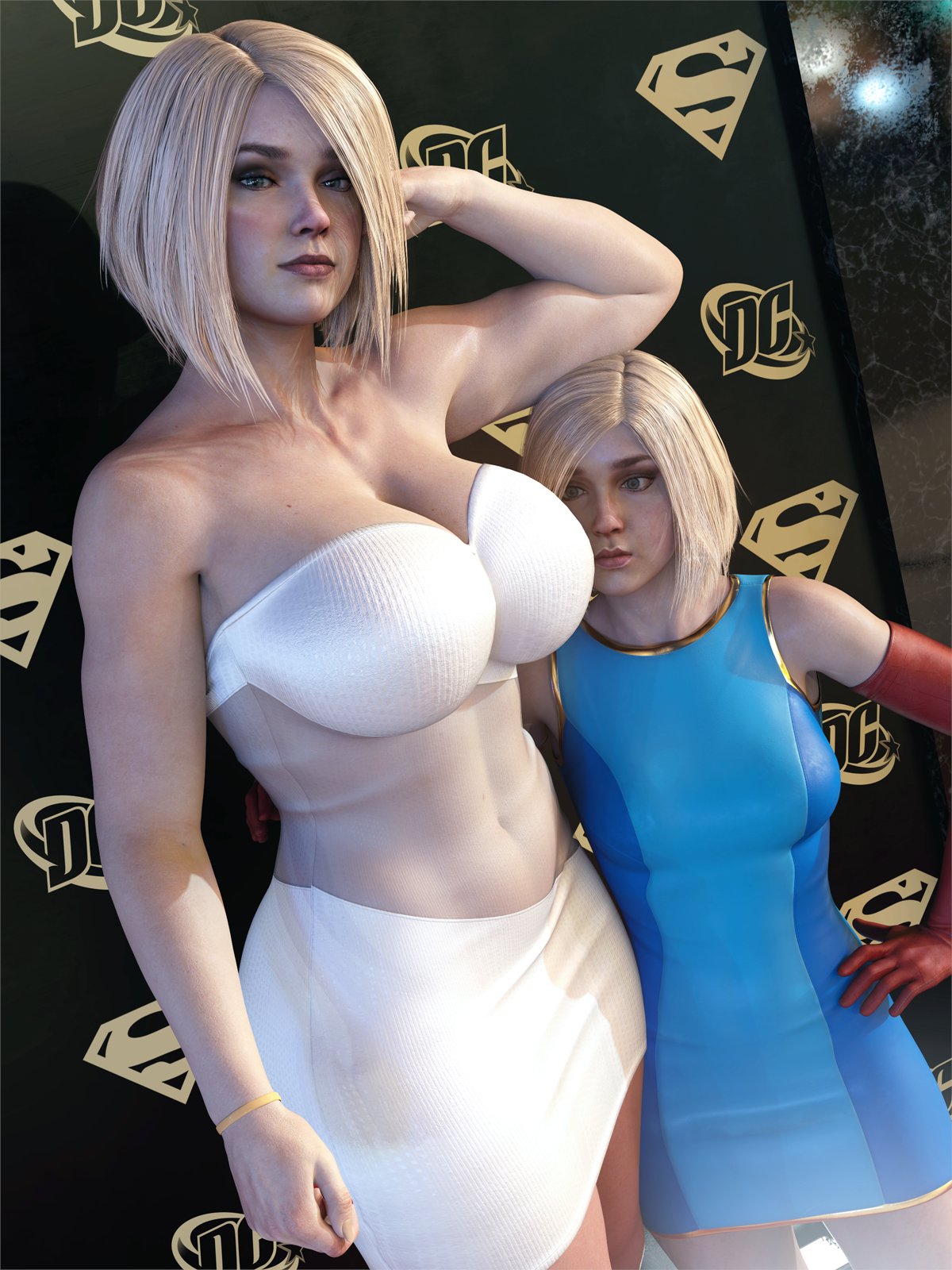 2girls, 3d, abs, biceps, big breasts, blender, blonde female, blonde hair, blue eyes, bob cut, breasts, dc, dc comics, dress, elbow gloves, fit, fit female, formal, formal wear, gloves, height difference, highres, justice league, kara zor-el, kara zor-l, power girl, supergirl, supergirl (series), superman (series), tall female, taller female, tight clothing, word2