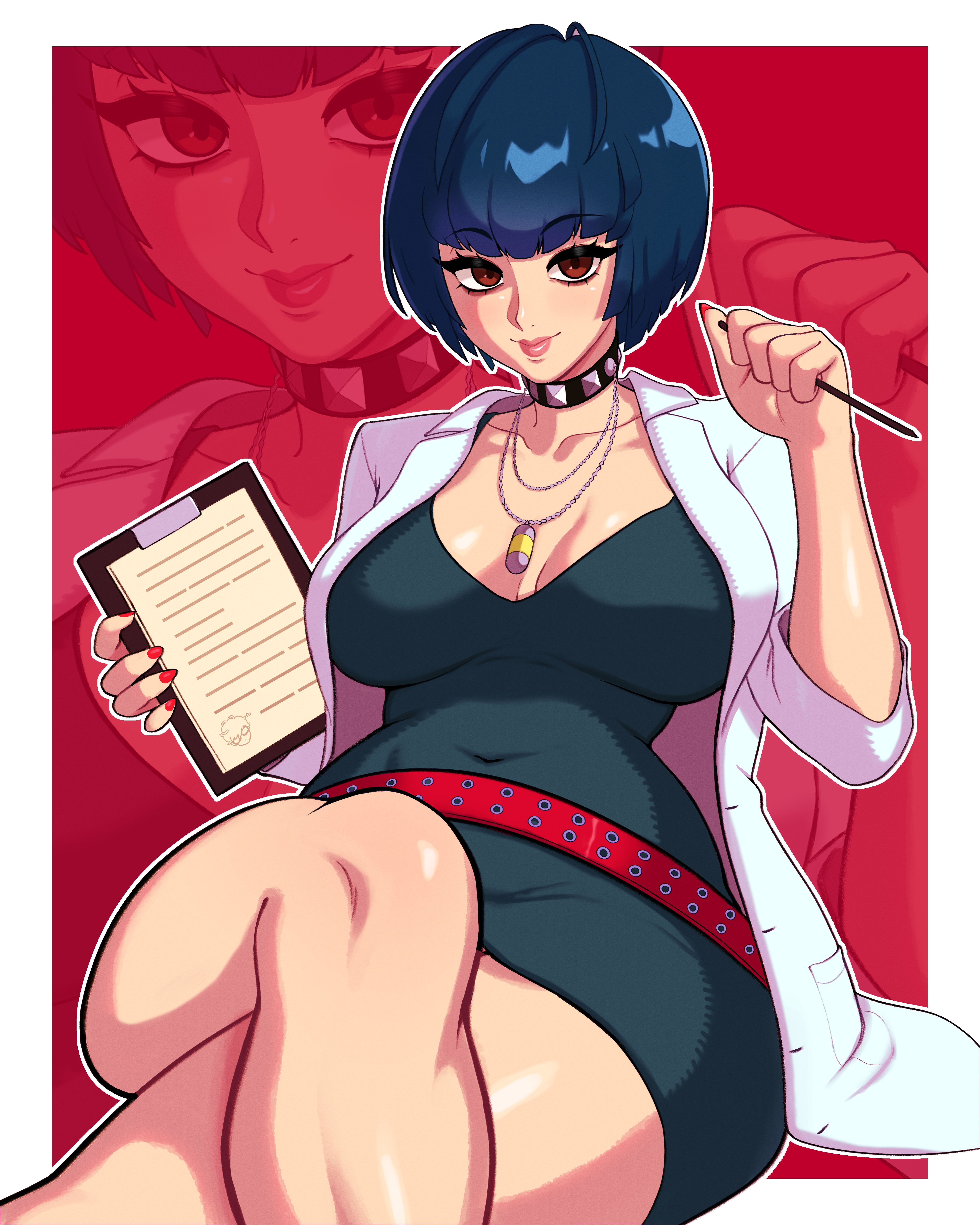 1girls, absurdres, alternate breast size (larger), belt, black dress, black hair, bob cut, border, breasts, brown eyes, choker, cleavage, closed mouth, collarbone, covered navel, crossed legs, dress, female, female only, fingernails, highres, kryokenn, lab coat, large breasts, lips, looking at viewer, outside border, persona, persona 5, pink lips, red background, red belt, red nails, sitting, solo, tae takemi, takemi tae, thighs, white border