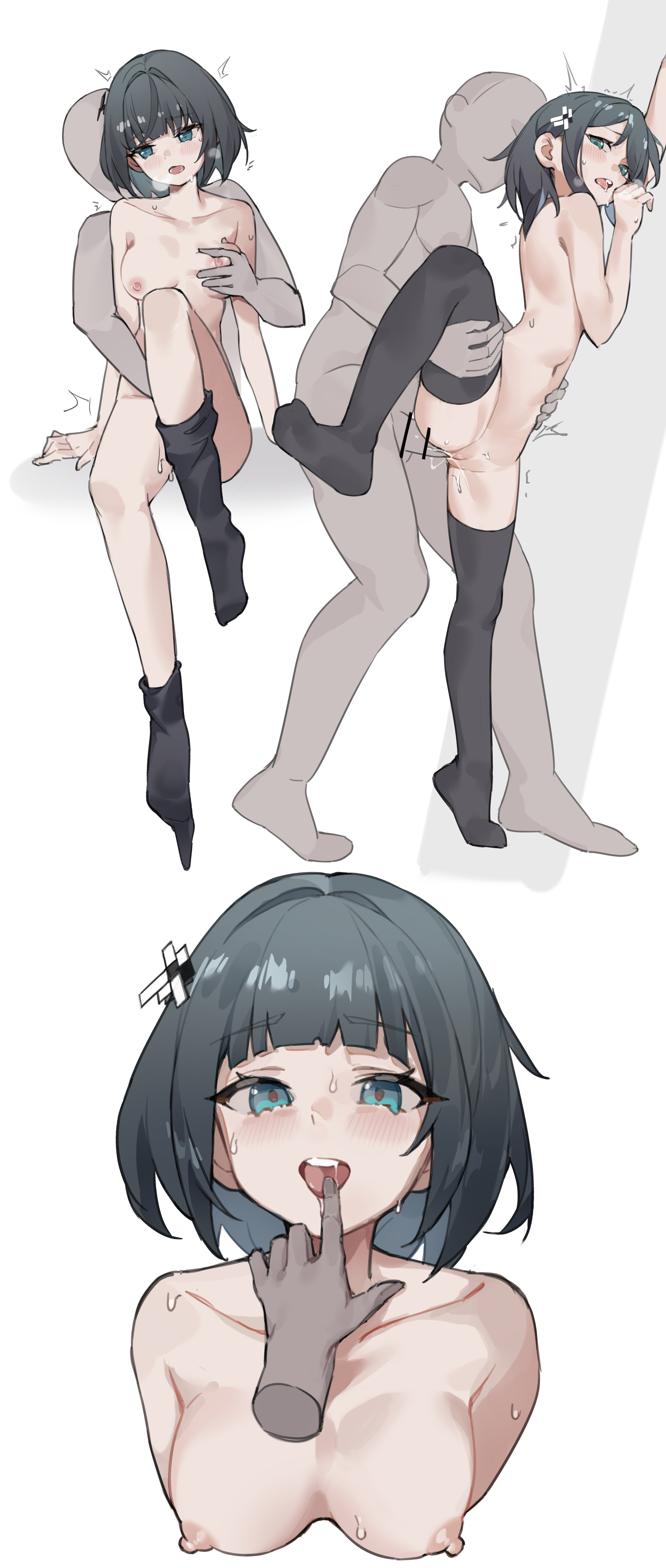 1boy, 1girls, absurdres, anonymous male, aqua eyes, arknights, arknights: endfield, bar censor, black hair, black socks, black thighhighs, blush, breasts, censored, chinese commentary, collarbone, commentary request, dark skin, dark-skinned male, endministrator (arknights: endfield), faceless, faceless male, female, female endministrator (arknights: endfield), finger in another's mouth, fingering, grabbing another's breast, groping, heavy breathing, highres, interracial, kneehighs, medium breasts, mofashi (sxaf8777), multiple views, navel, nipples, nude, saliva, sex, short hair, socks, straight, sweat, thighhighs, tongue, vaginal penetration