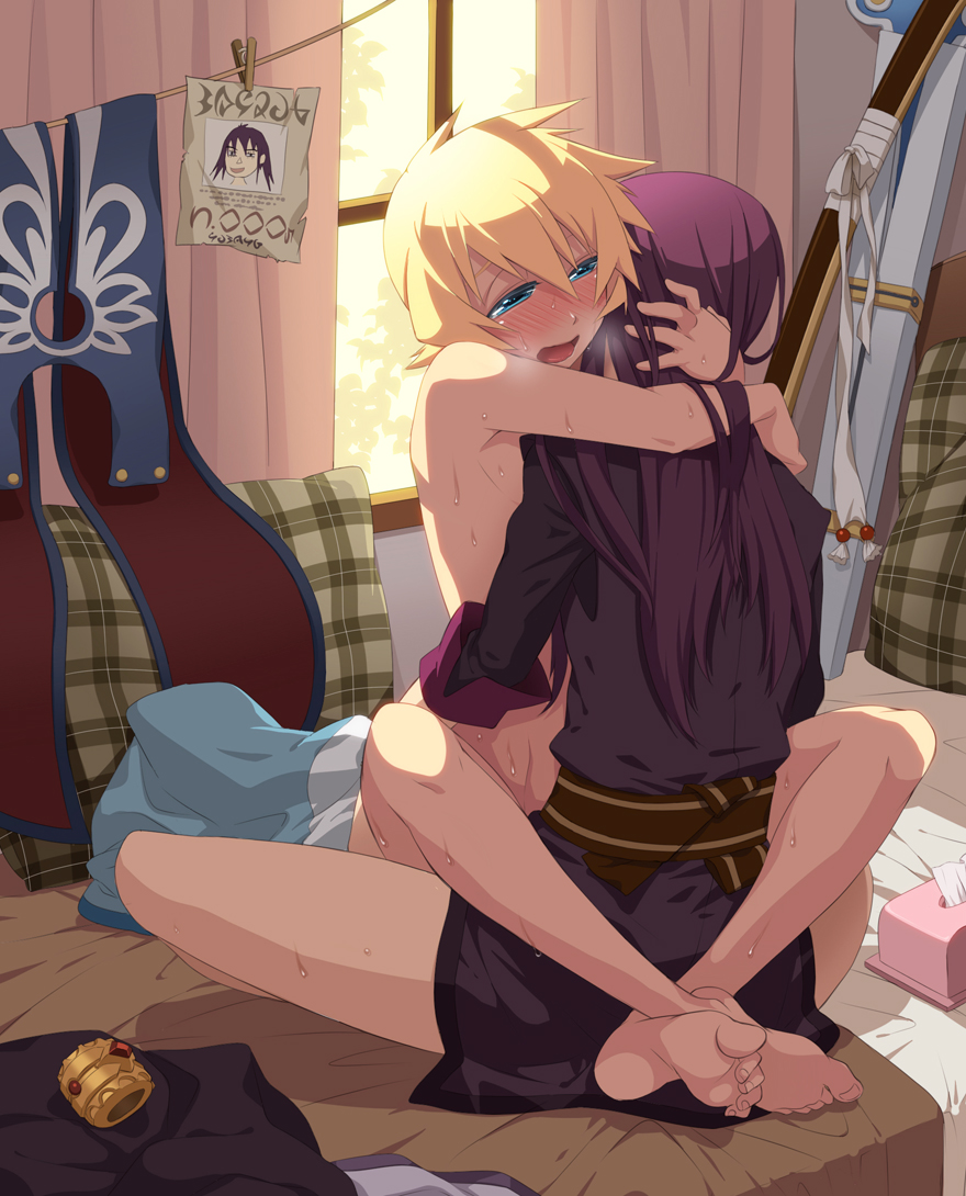 2boys anal barefoot bed blonde_hair blue_eyes blush bracelet breath clothed_male_nude_male crossed_legs feet flynn_scifo from_behind jewelry keiko_rin leg_lock legs_crossed long_hair lotus_position multiple_boys nude on_bed open_mouth purple_hair sex short_hair sitting sitting_indian_style sitting_on_person sweat tales_of_(series) tales_of_vesperia tear tissue torogao upright_straddle wanted weapon yaoi yuri_lowell