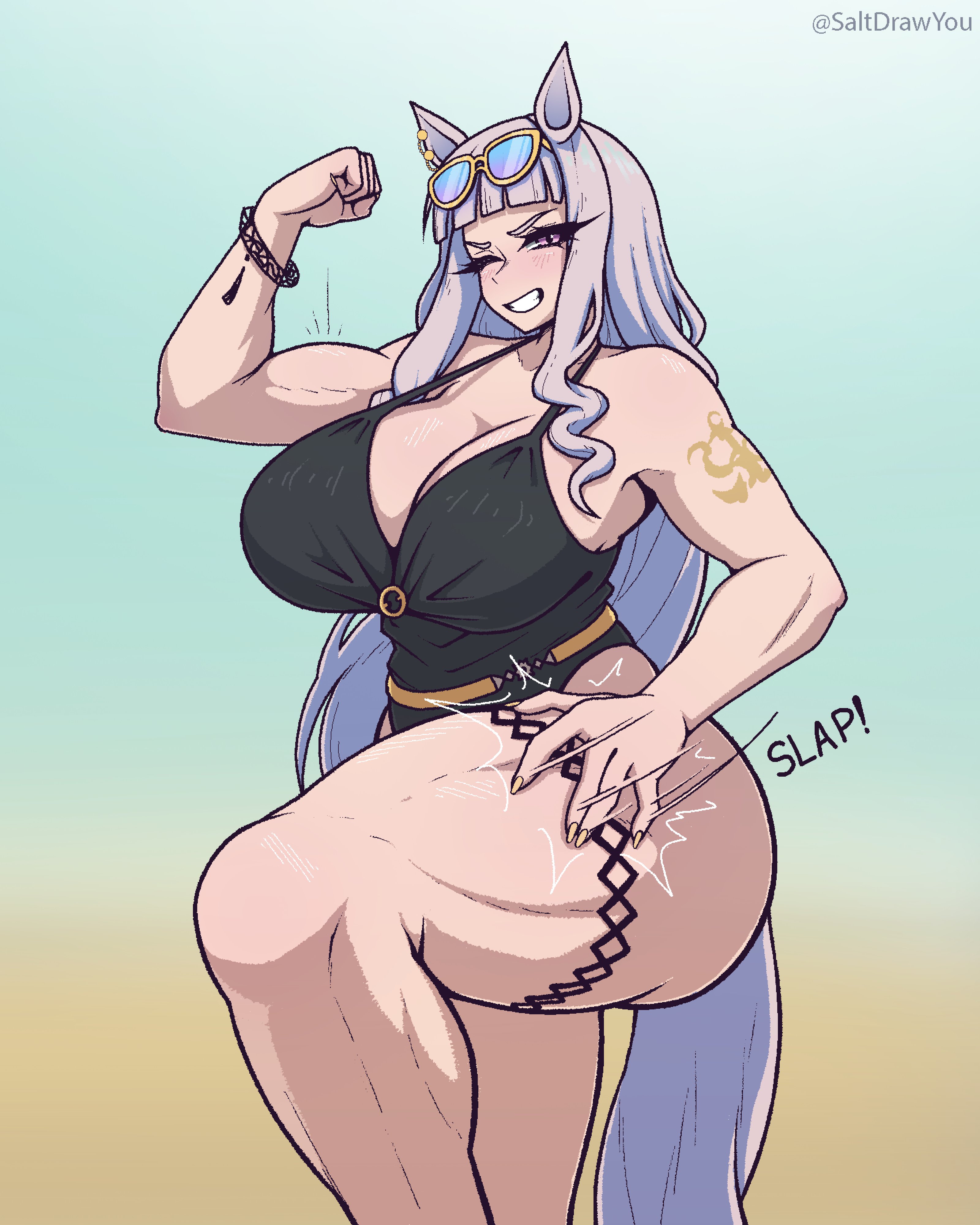 1girls, big breasts, black swimsuit, blush, blush lines, bracelet, ear piercing, female, flexing, flexing bicep, flexing muscles, glasses, glasses on head, gold ship (run revolt launcher) (umamusume), gold ship (umamusume), gradient background, hi res, horse ears, horse girl, horse tail, large ass, large breasts, light blush, long hair, looking at viewer, muscular, muscular female, muscular thighs, nail polish, pink eyes, saltdrawyou, silver hair, slapping thigh, smiling, smiling at viewer, solo, swimsuit, tattoo, thick thighs, twitter, twitter username, umamusume, umamusume pretty derby, winking at viewer, yellow nails