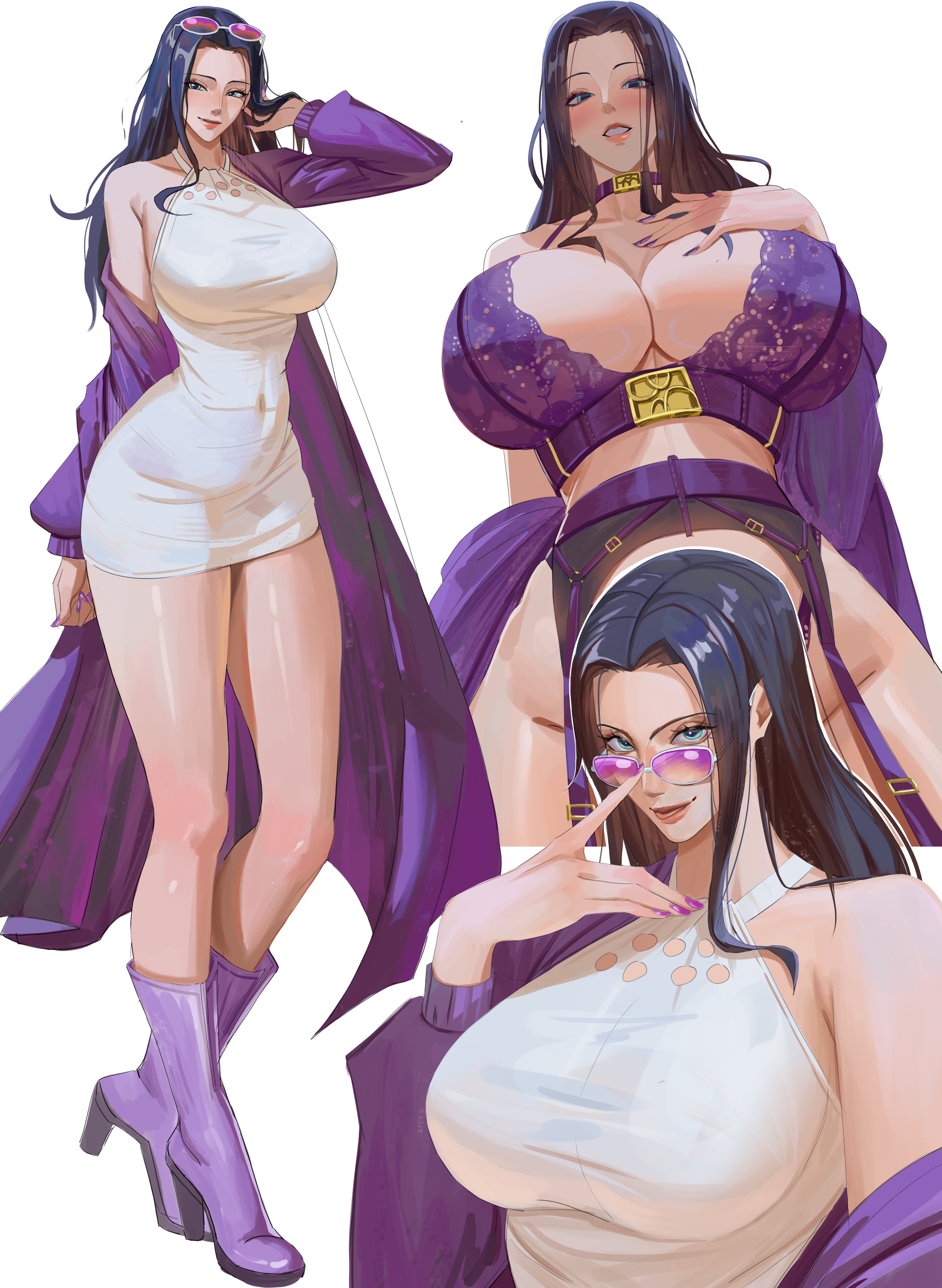1girls, about to burst, absurdres, adjusting eyewear, barely contained, barely contained breasts, barely fits, black hair, black-haired female, blush, breasts, breasts too big, bursting breasts, dress, female, female only, free form, garter belt, highres, imminent wardrobe malfunction, large breasts, lingerie, long hair, looking over eyewear, looking over sunglasses, nico robin, one piece, rasipan, smile, solo, straining clothing, sunglasses, tight clothes, tight clothing, tight dress, tight fit, tinted eyewear, too tight, undersized clothes, undersized clothing, underwear
