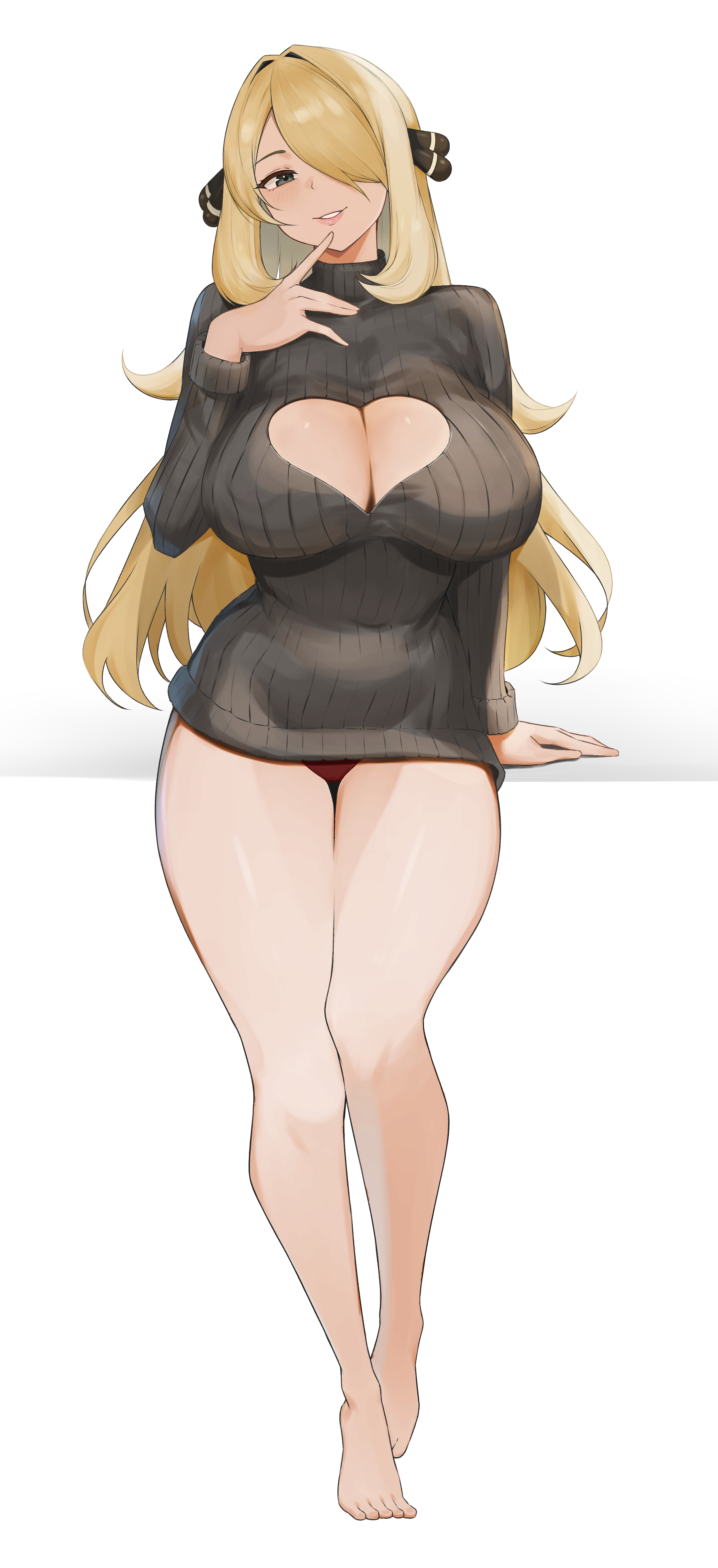 1girls, absurdres, bare legs, barefoot, big breasts, blonde hair, breasts, cleavage, cleavage cutout, clothing cutout, commentary request, curvy, cynthia (pokemon), female, female focus, female only, full body, grey background, grey eyes, grin, hair ornament, hair over one eye, hand up, highres, large breasts, long hair, nintendo, noa brando, panties, pantyshot, parted lips, pokemon, pokemon dppt, red panties, simple background, smile, solo, standing, sweater, thighs, turtleneck, turtleneck sweater, underwear, very long hair