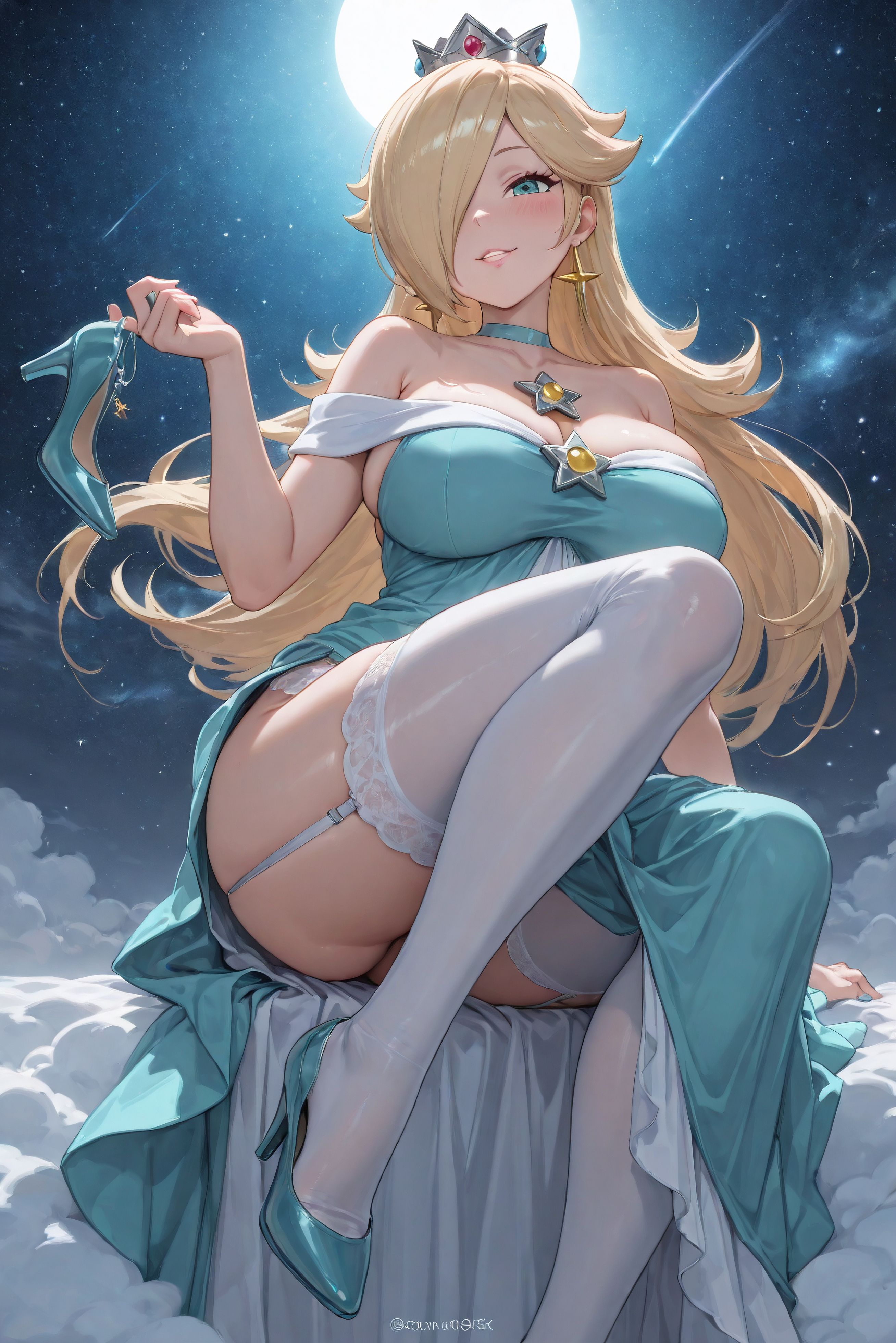 1girls, ai generated, ass, big ass, big breasts, big butt, blonde hair, blue dress, blue eyes, blue fingernails, blush, breasts, choker, cleavage, colored nails, crown, curvaceous, curvaceous female, curvaceous figure, curves, curvy, curvy body, curvy female, curvy figure, curvy hips, curvy thighs, cyan eyes, dress, dress lift, earring, earrings, eyelashes, female, female focus, female only, fingernails, galaxy, garter, garter belt, garter straps, garters, grin, grinning at viewer, hair ornament, hair over one eye, hi res, high heels, high quality, high resolution, highres, hips, hourglass figure, large ass, large breasts, light skin, light-skinned female, lips, lipstick, long bangs, long dress, long hair, mario (series), mature, mature female, mature woman, mommy, night, nintendo, pale skin, pale-skinned female, parted lips, pose, posing, princess, princess rosalina, robe, seductive, seductive look, seductive pose, seductive smile, self upload, sexy pose, sky, smile, smiling, smiling at viewer, space, star, super mario bros., super mario galaxy, thick ass, thick hips, thick legs, thick thighs, thigh highs, thighhighs, thighs, velutinx, voluptuous, voluptuous body, voluptuous female, wide hips, wide thighs, yellow hair
