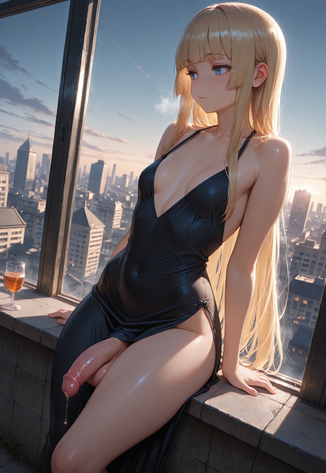 1futa, ai generated, balls, big penis, black dress, blonde hair, blue eyes, breasts, cleavage, dress, female, futa only, futanari, hime cut, hime girl (jamesbron), intersex, jamesbron, large penis, leaning back, long hair, penis, precum, precum drip, small breasts, solo, solo futa, standing, thighs