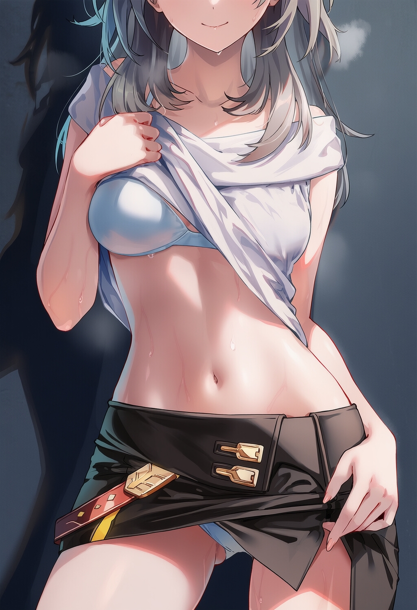 ai generated, bra lift, curvy body, curvy female, curvy figure, female, female focus, female only, honkai: star rail, panties peek, raaicave, stelle (honkai: star rail), sweating female