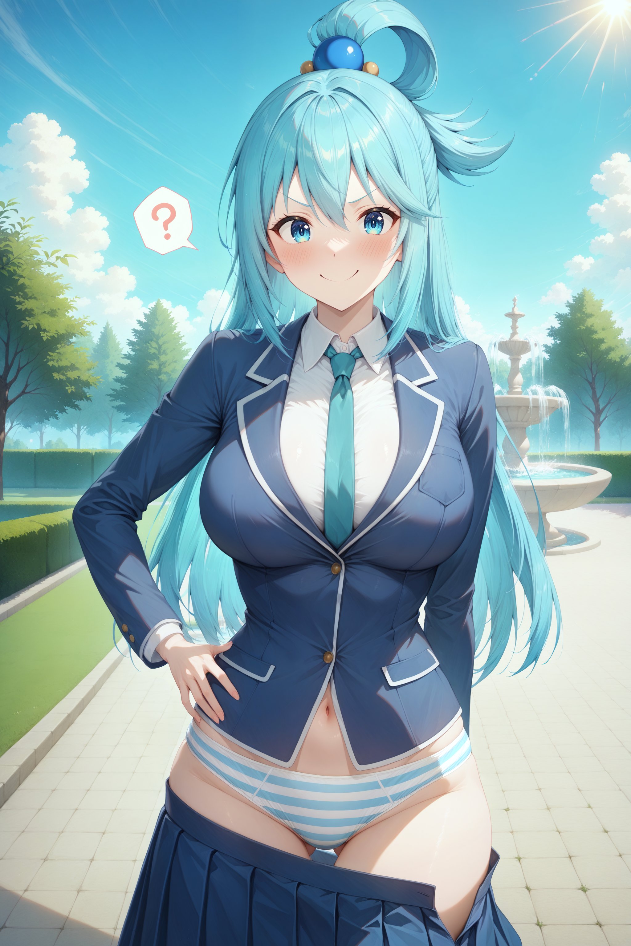 ?, 1girls, accidental exposure, ai generated, aimoonshine, alternate costume, aqua (konosuba), ass visible through thighs, belly button, blazer, blue eyes, blue hair, blue jacket, blue necktie, blue panties, blue skirt, blue sky, blush, breasts, campus, closed mouth, clothes pull, cloud, clueless, collared shirt, confused, confusion, courtyard, cowboy shot, day, female, female only, fountain, hair between eyes, hair ornament, hair rings, hand on hip, hand on own hip, jacket, kono subarashii sekai ni shukufuku wo!, konosuba, large breasts, long hair, long sleeves, looking at viewer, navel, necktie, open skirt, outdoors, panties, pantyshot, pleated skirt, question mark, school, school uniform, schoolgirl, schoolgirl uniform, shirt, single hair ring, skirt, skirt down, skirt pull, sky, smile, solo, solo female, speech bubble, spoken question mark, standing, striped clothes, striped panties, thigh gap, tree, unaware, underwear, v-shaped eyebrows, wardrobe malfunction, white shirt