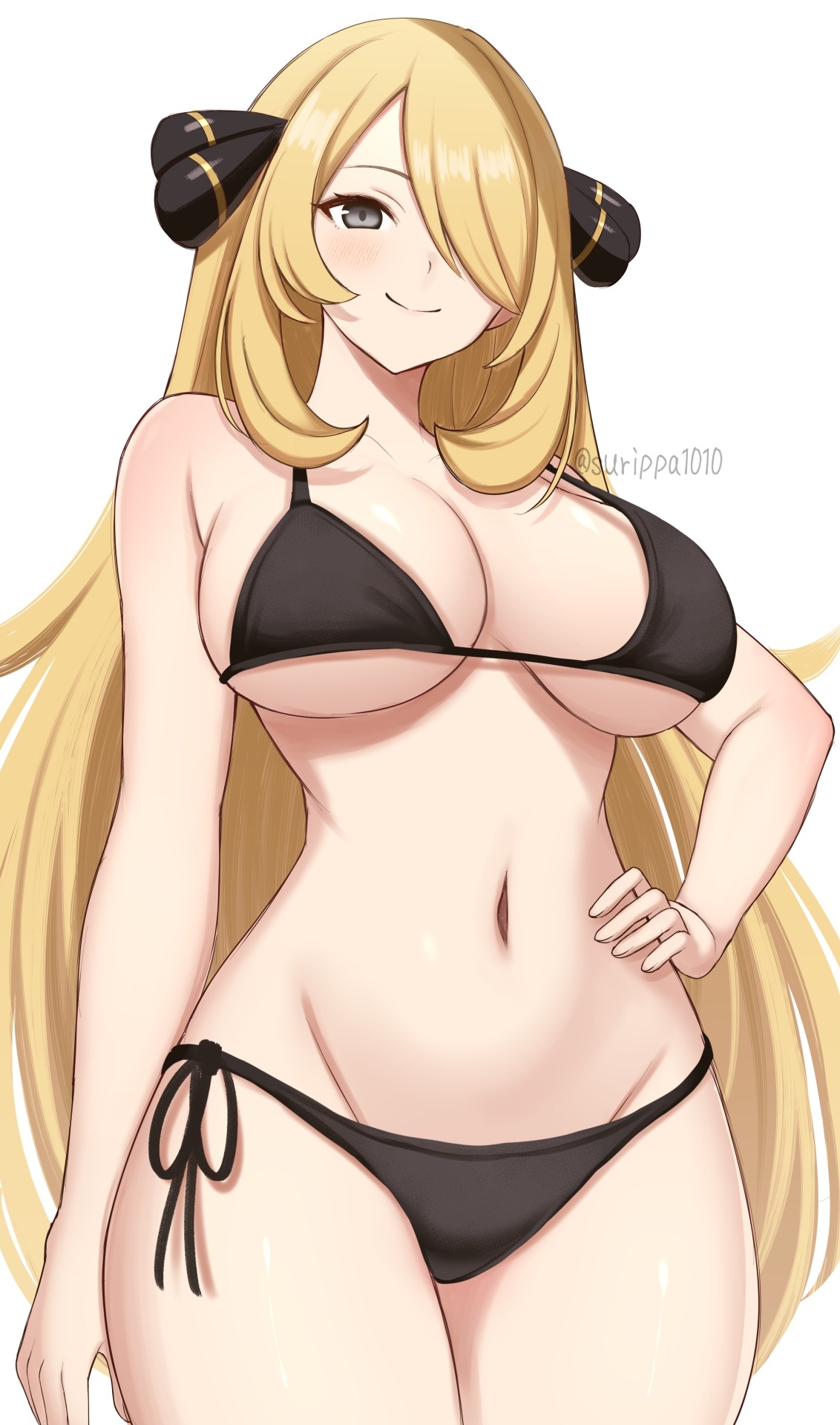 1girls, alluring, bare legs, big breasts, blonde hair, breasts, cleavage, cynthia (pokemon), female, grey eyes, nintendo, pokemon, pokemon (anime), pokemon dppt, surippa1010, under boob