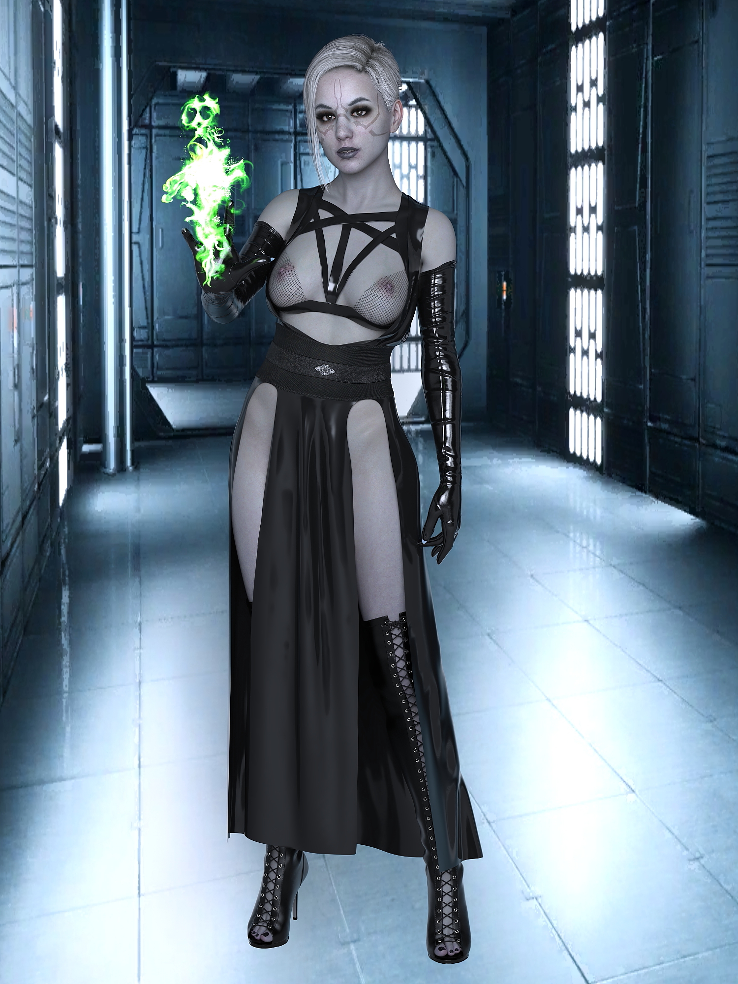 1girls, 3d, black boots, boots, daz studio, elbow gloves, female, female only, full body, gloves, grey skin, grey-skinned female, high heel boots, high heels, jedi: fallen order, merrin, no bra, pelvic curtain, solo, star wars, thigh boots, zauselzaus