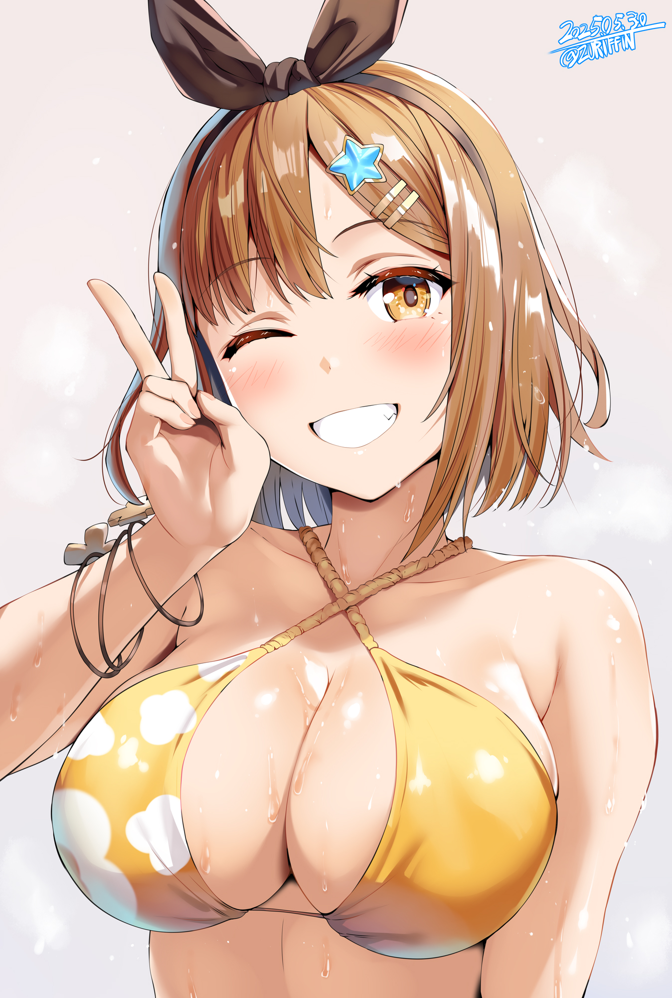 1girls, artist name, atelier (series), atelier ryza, bare shoulders, belko, bikini, blush, bracelet, breasts, brown eyes, brown hair, cleavage, collarbone, dated, female, hair ornament, hair ribbon, hairclip, halterneck, hi res, highres, jewelry, large breasts, one eye closed, reisalin stout, ribbon, short hair, smile, star (symbol), star hair ornament, swimsuit, v, wet, yellow bikini