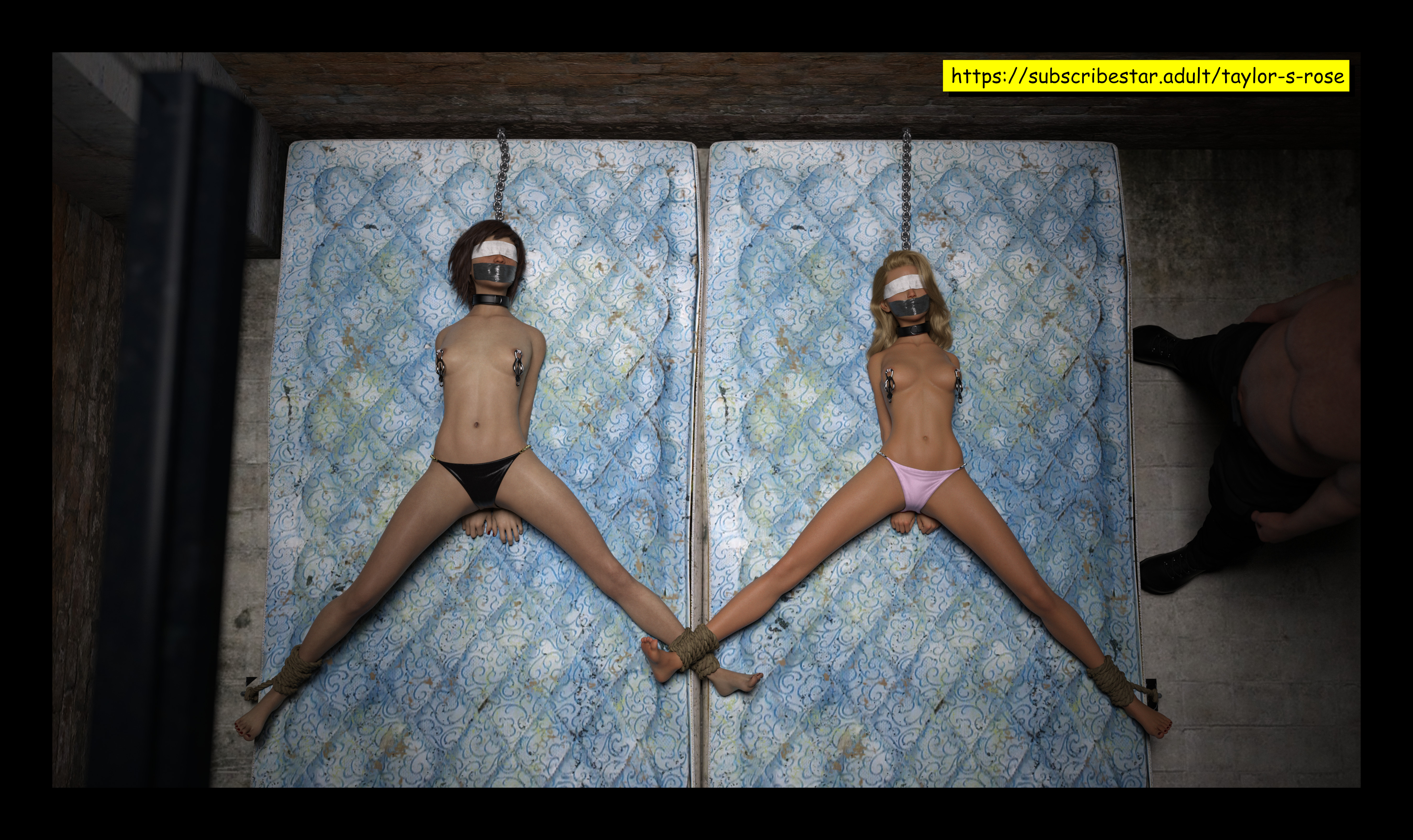 1boy, 2girls, 3d, arms behind back, black panties, blindfold, bondage, bound ankles, captivity, captured, female, femsub, functionally nude, gag, gagged, kidnapped, male, mattress, nipple chain, original, panties, spread legs, tape gag, taylor-s-rose, topless, topless female, white panties