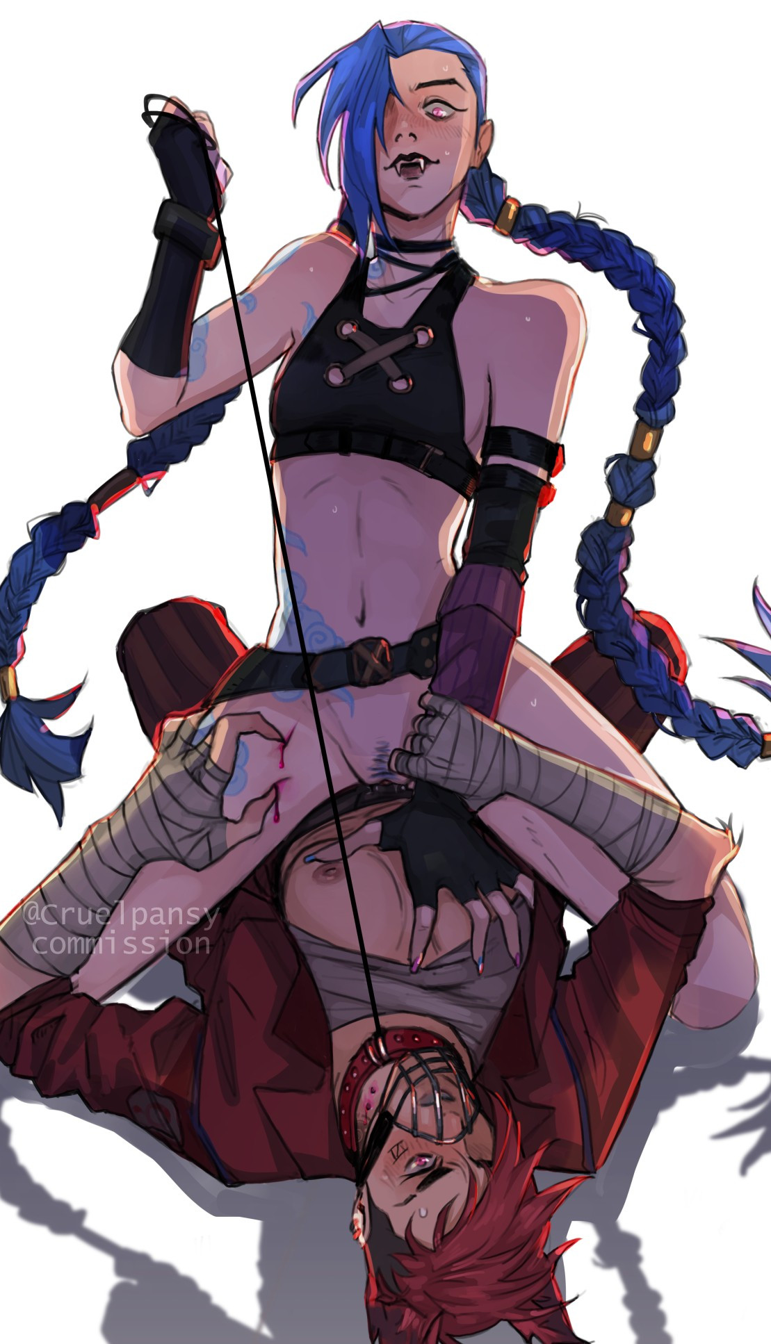 2025, 2girls, arcane, arcane jinx, arcane vi, blue hair, breast bandage, breasts, butch, child bearing hips, collar, commission, cruelpansy, curvaceous, curvaceous body, curvaceous female, curvaceous figure, curvaceous hips, curvaceous thighs, digital media (artwork), fangs, female, female on top, female penetrated, female/female, incest, jinx (league of legends), league of legends, leash, leash and collar, leash pull, lesbian sex, long hair, muzzle, muzzle (object), muzzled, partially clothed, pink eyes, pink hair, pubic hair, pussy, sharp teeth, short hair, sisters, strap-on, strap-on dildo, strap-on sex, strapon, tagme, twin braids, vagina, vaginal insertion, vaginal penetration, vampire, vampire girl, vi, waifu, werewolf, werewolf girl, white background, wolf ears, yuri