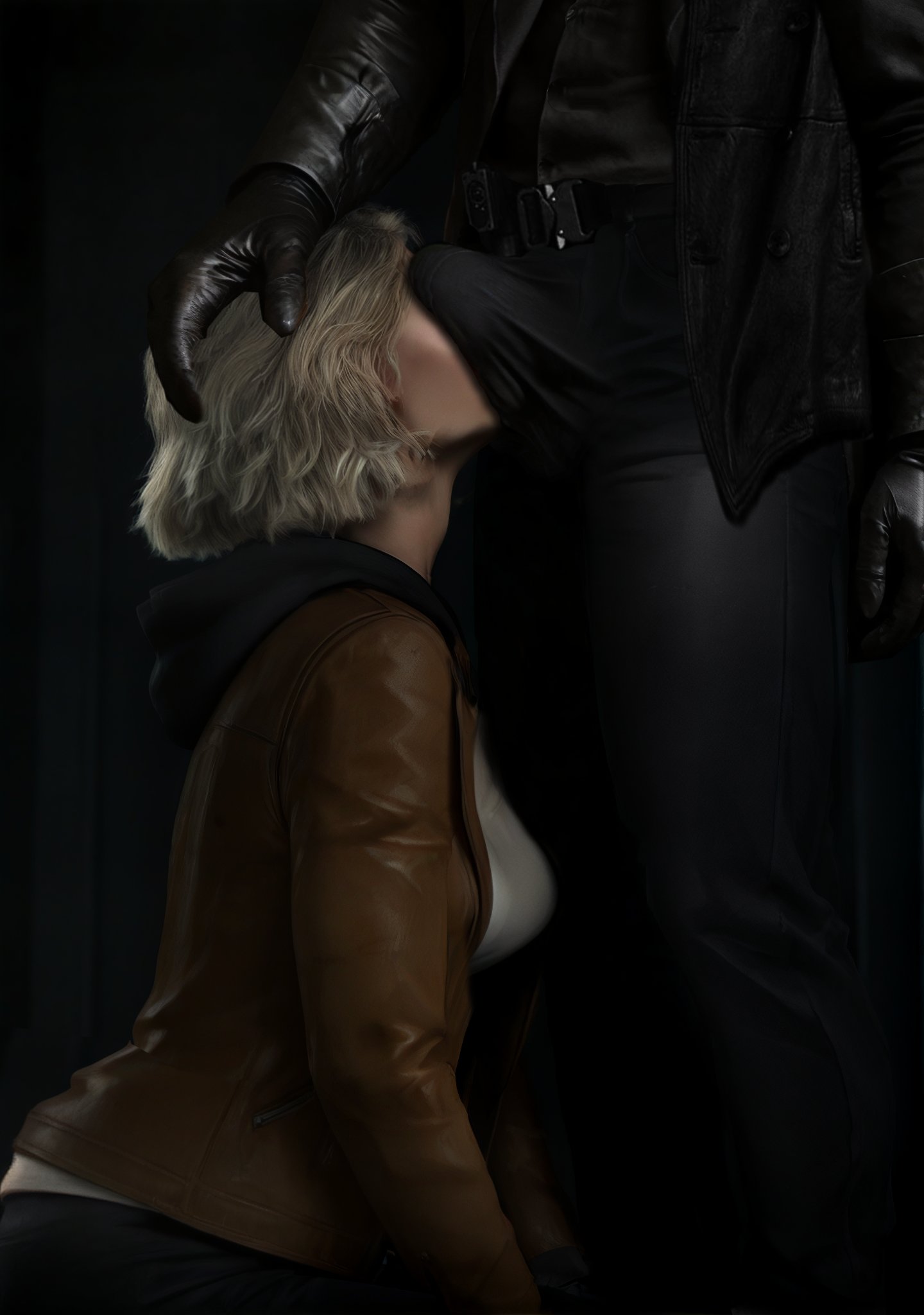 1boy, 1girls, 3d, 3d (artwork), big breasts, big penis, black gloves, black jacket, black pants, blonde female, blonde hair, breasts, capcom, clothed, clothed female, clothed male, cock worship, de sabe, erect penis, erection, erection under clothes, female, female on bottom, gloves, grace ashcroft, grace ashcroft (julia pratt), hand on head, inminent blowjob, inminent sex, kneeling, kneeling oral position, leather gloves, leather jacket, leon scott kennedy, male, male on female, male on top, penis, penis on face, resident evil, resident evil 9: requiem, short hair, straight, wavy hair, white shirt