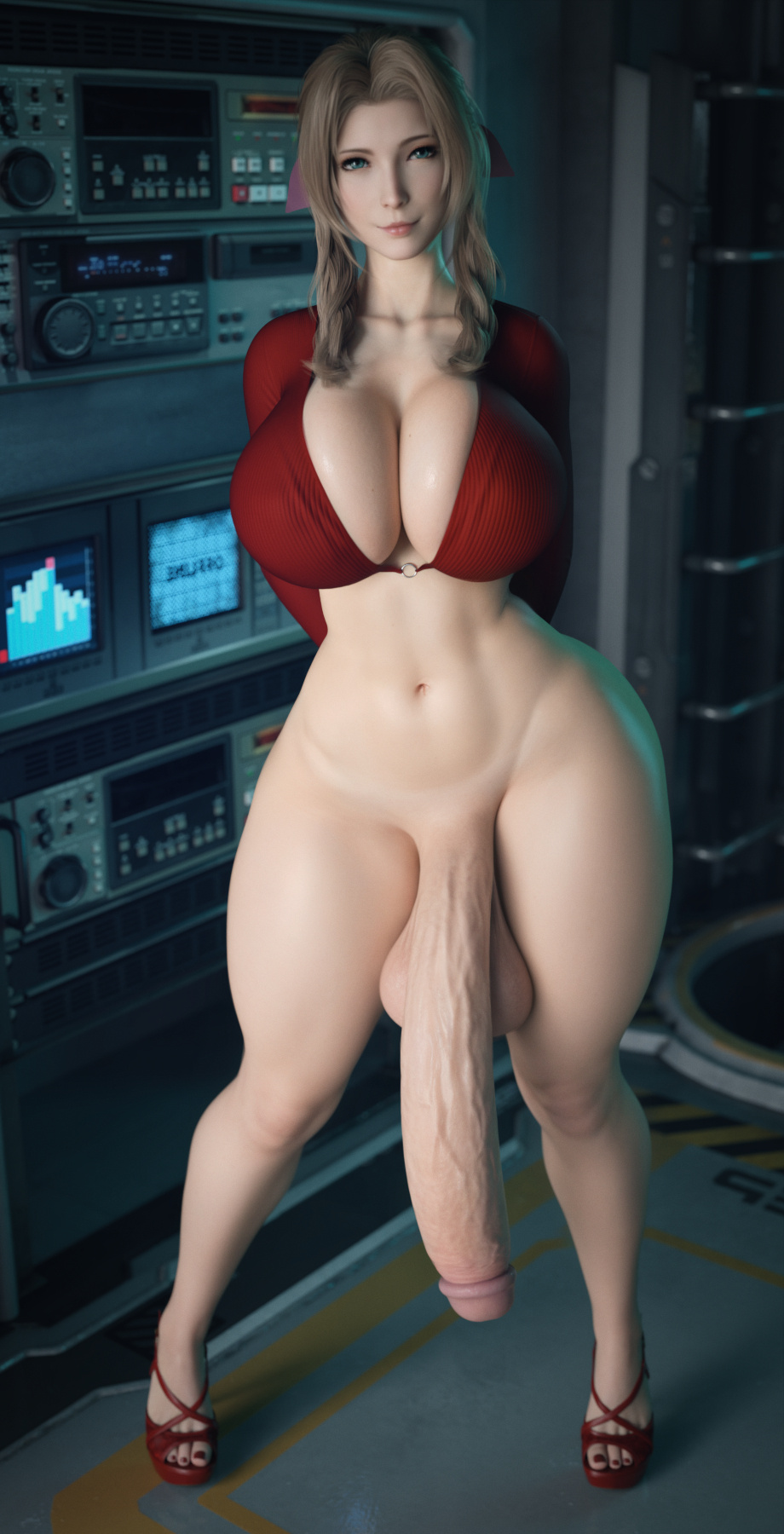 1futa, 3d, aerith gainsborough, bottomless, casual exposure, casual nudity, final fantasy, final fantasy vii, final fantasy vii remake, futa only, futanari, high heels, huge cock, intersex, mostly nude, penis, red shoes, solo, stevencarson