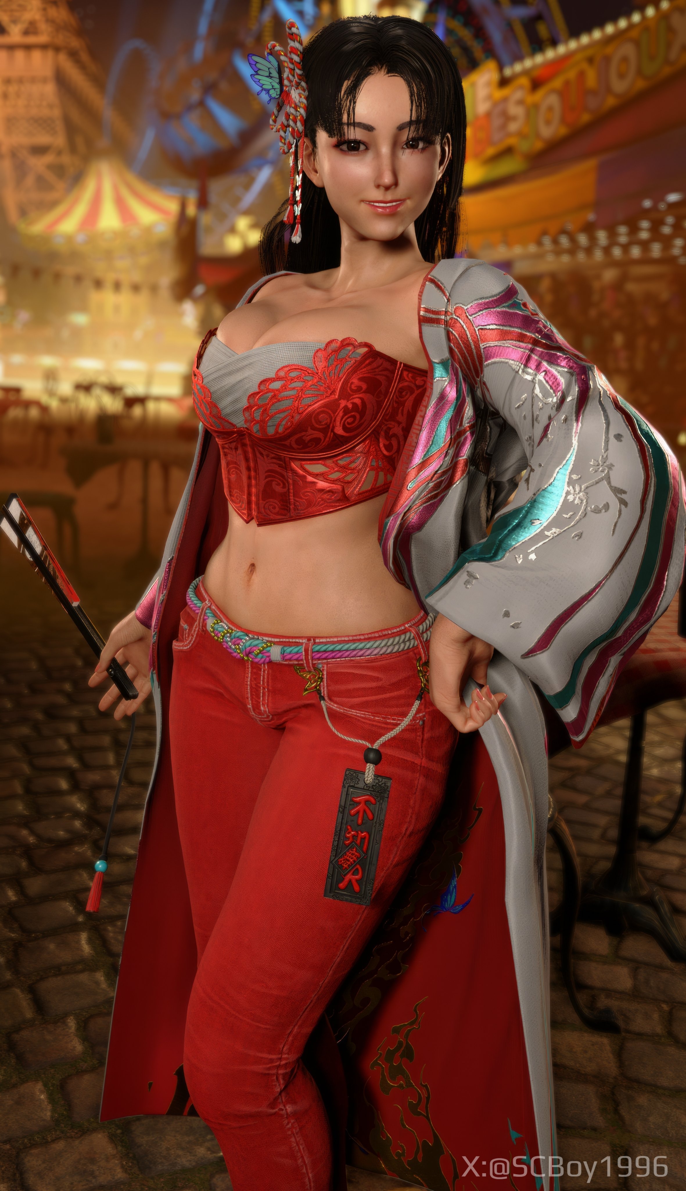 3d, big breasts, breasts, brown hair, bursting breasts, busty, capcom, cleavage, corset, fatal fury, female, female focus, female only, hourglass figure, large breasts, long hair, mai shiranui, mai shiranui (street fighter 6), navel, overflowing breasts, pinup, pinup pose, screenshotboy96, snk, street fighter, street fighter 6, tagme, wide hips
