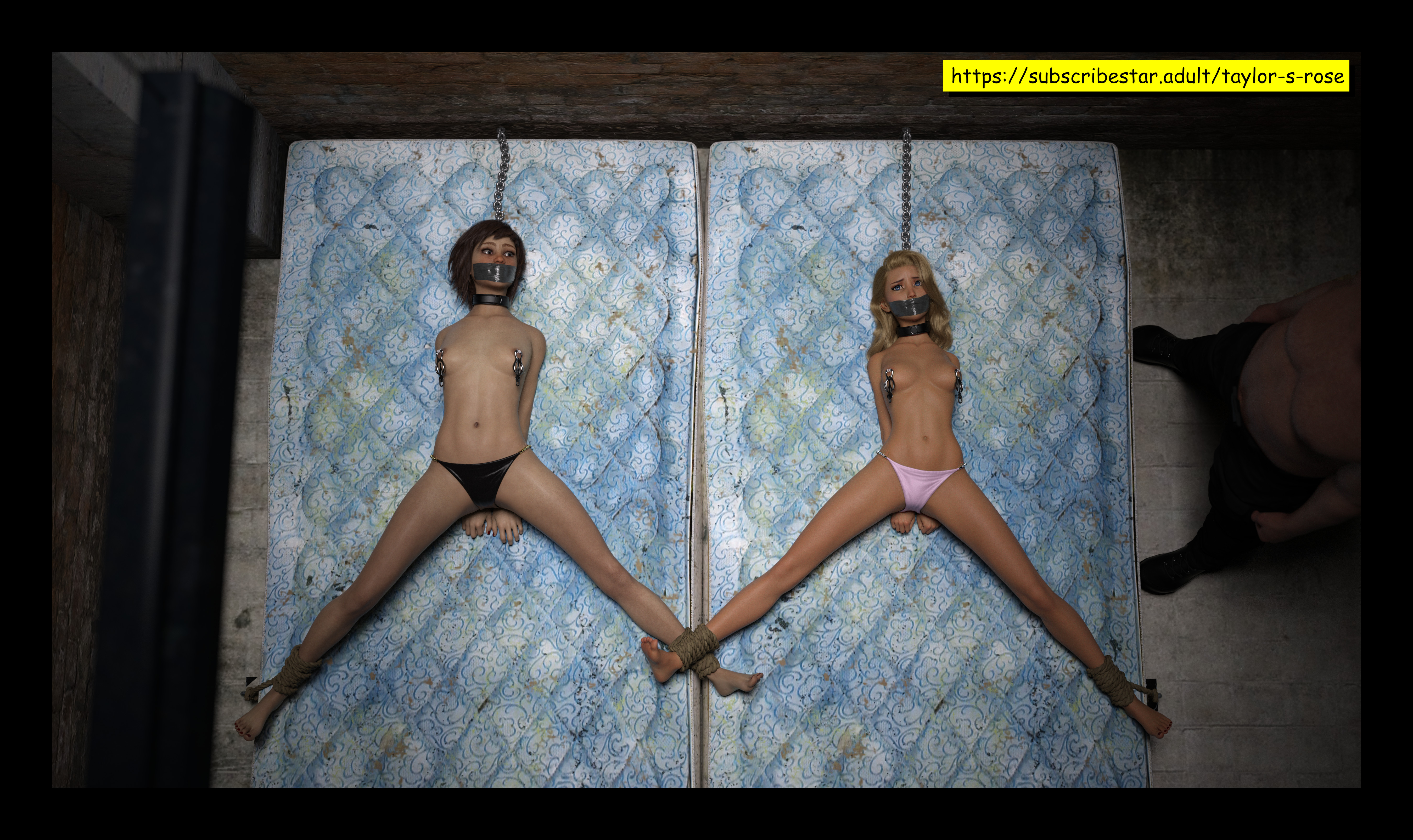 1boy, 2girls, 3d, arms behind back, bikini bottom only, bondage, bound ankles, female, gag, gagged, male, mattress, nipple chain, original, spread legs, tape gag, taylor-s-rose, topless, topless female