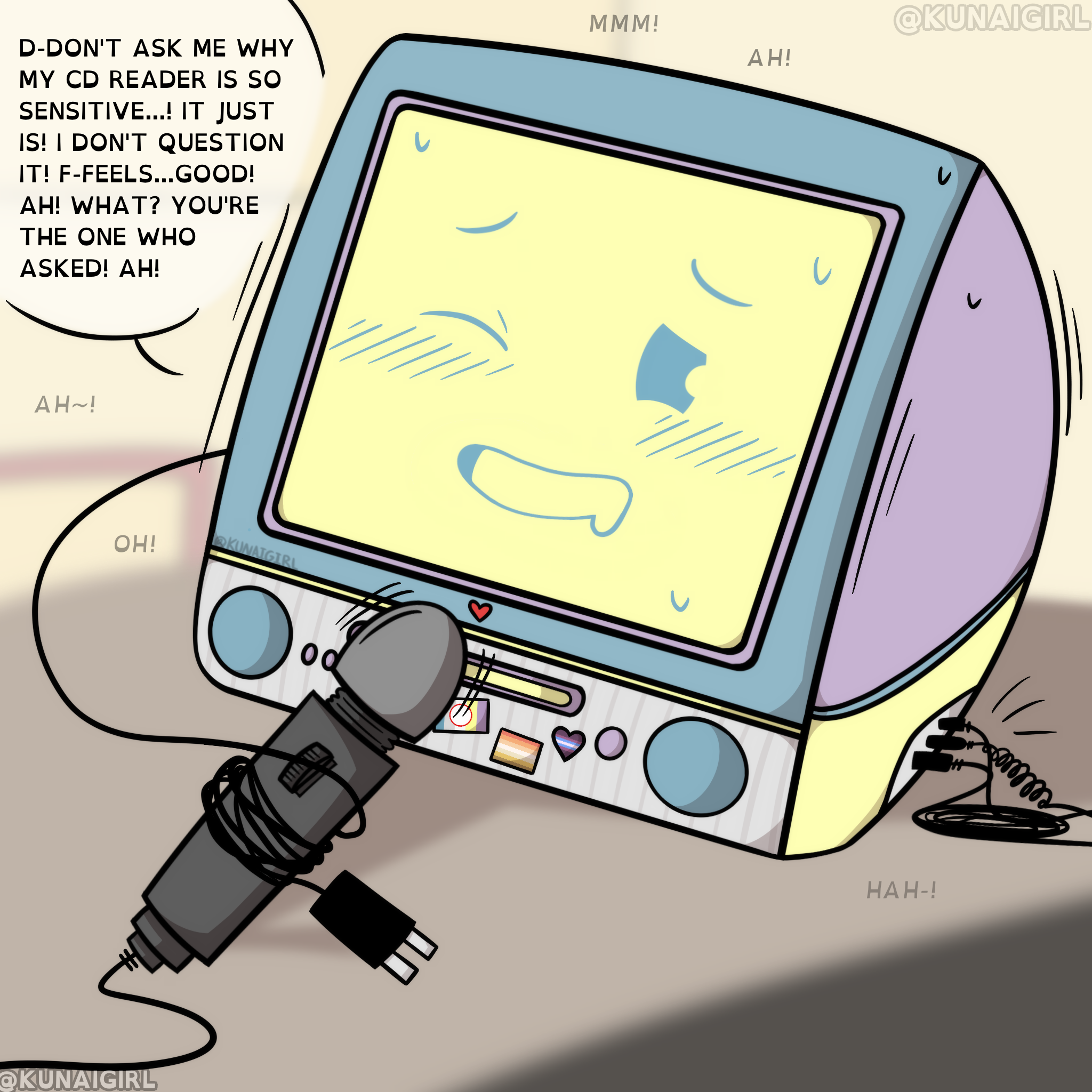 animate inanimate, apple inc., computer, computer monitor, english text, hitachi magic wand, imac g3, kunaigirl, living machine, mac os, objectophilia, objectum, original, pleasure face, self upload, solo, technophilia, text, vibrator, wires