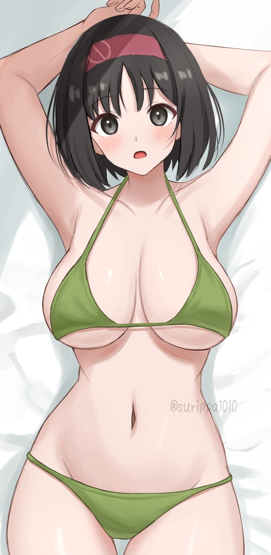 alluring, big breasts, bikini, black hair, breasts, cleavage, dakimakura, erika (pokemon), female, grey eyes, pin up, pokemon, pokemon (anime), pokemon frlg, pokemon gsc, pokemon hgss, pokemon rbgy, surippa1010, under boob