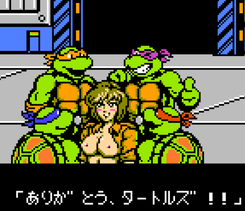 1girls 4boys 8-bit april_o'neil april_o'neil_(tmnt_1987) brothers donatello female human leonardo male michelangelo pixel_art raphael straight teenage_mutant_ninja_turtles tmnt_1987