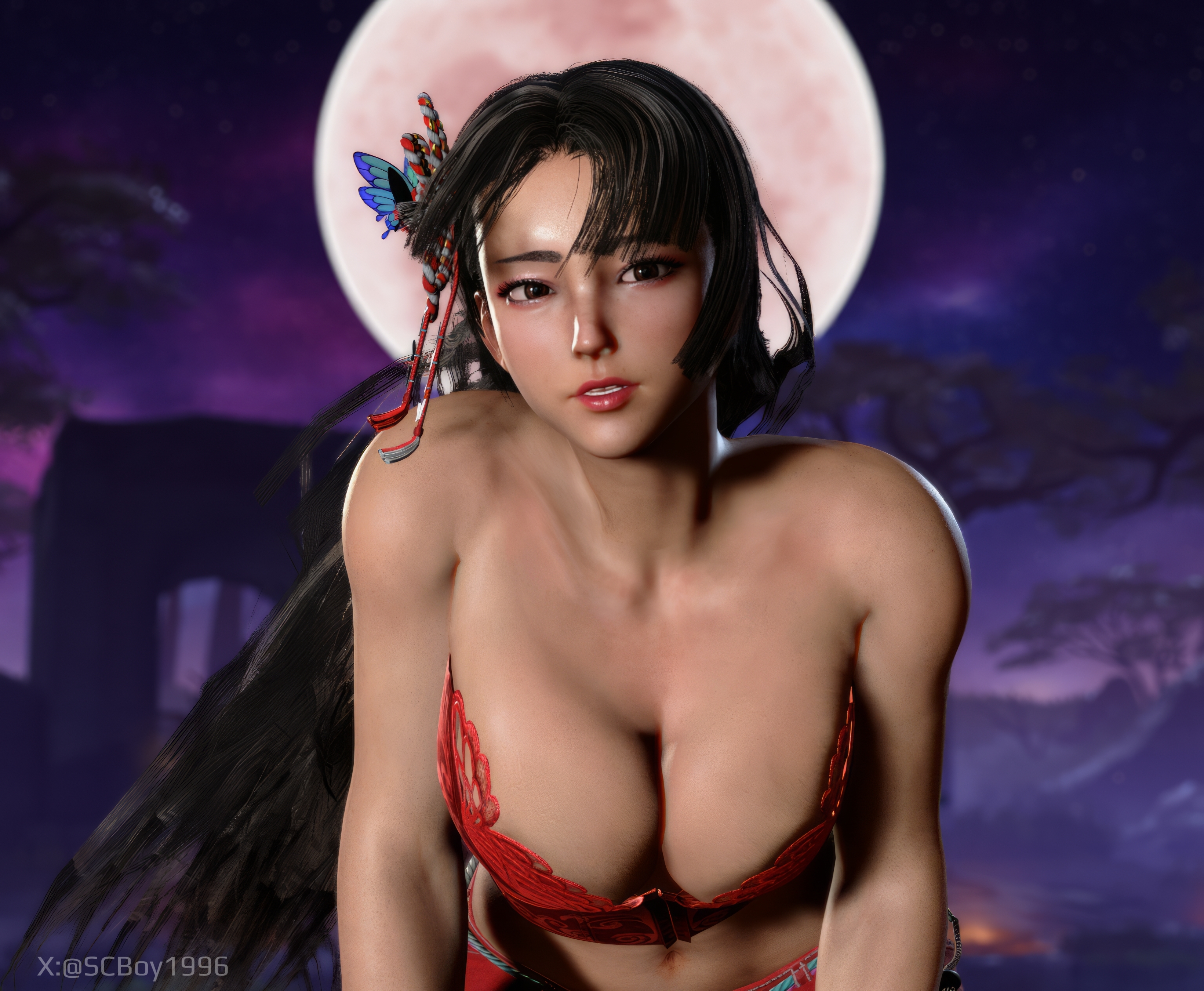 3d, big breasts, breasts, brown hair, bursting breasts, busty, capcom, cleavage, corset, fatal fury, female, female focus, female only, hourglass figure, large breasts, long hair, mai shiranui, mai shiranui (street fighter 6), navel, overflowing breasts, pinup, pinup pose, screencap, screenshotboy96, snk, street fighter, street fighter 6, tagme, wide hips