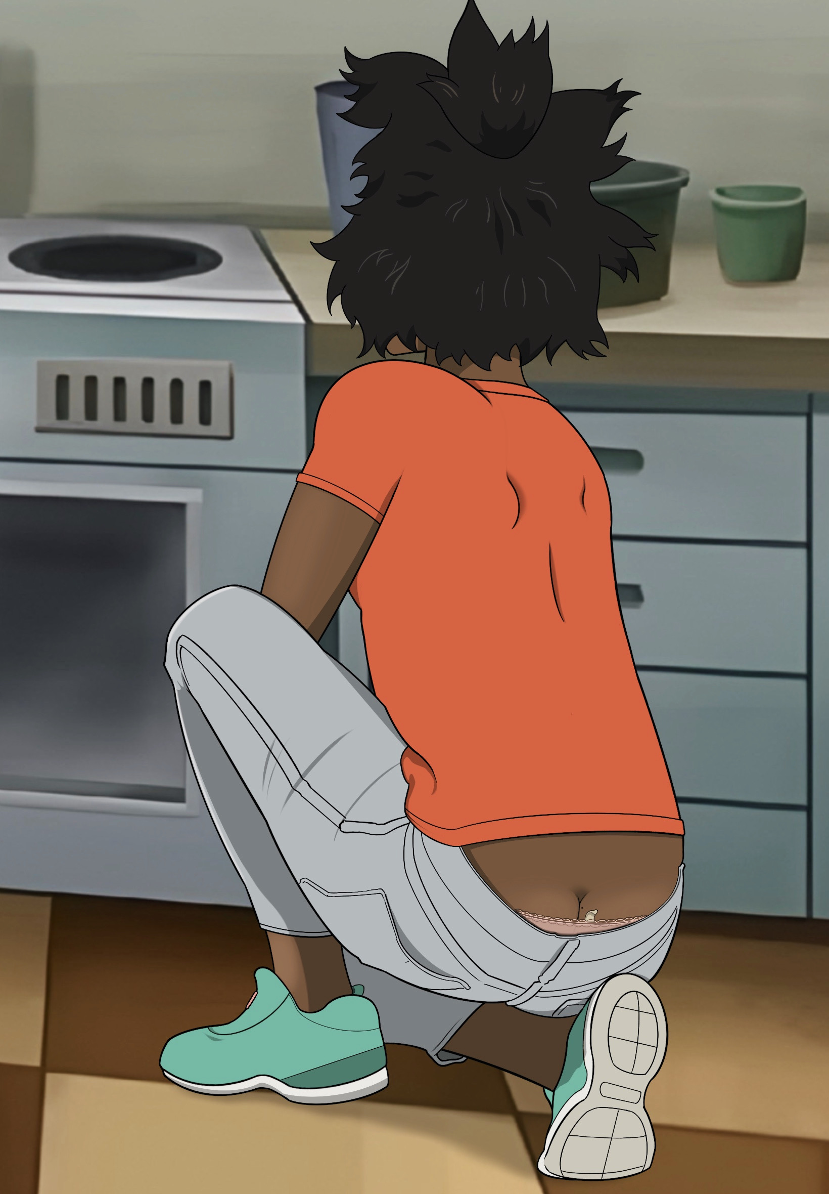 amber bennett, ass, ass cleavage, ass crack, ass in panties, black female, butt crack, female, invincible, invincible (comics), invincible (tv series), kneeling, orange shirt, panty slip, pink panties, underwear showing