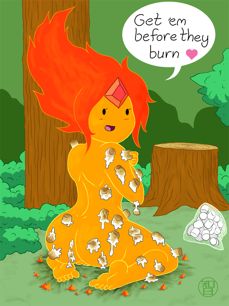 1girls adventure_time coldfusion completely_nude_female english_text fire_hair flame_princess forehead_jewel inviting_to_sex looking_at_viewer looking_back marshmallow outdoors solo speech_bubble tree_stump uncensored viewed_from_behind wariza