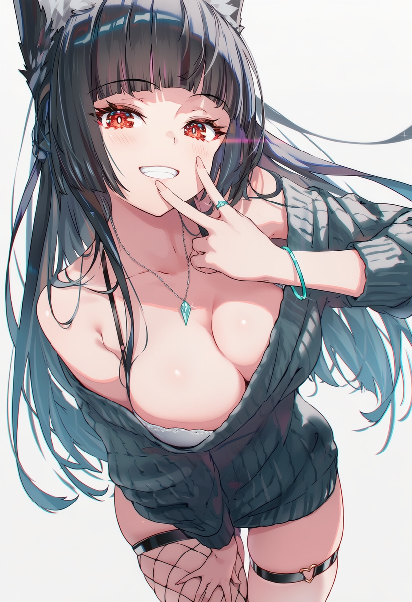 ai generated, black hair, breast close-up, breasts, close-up, female, female focus, female only, hoshimi miyabi, peace sign, raaicave, smile, wolf ears, wool clothing, zenless zone zero