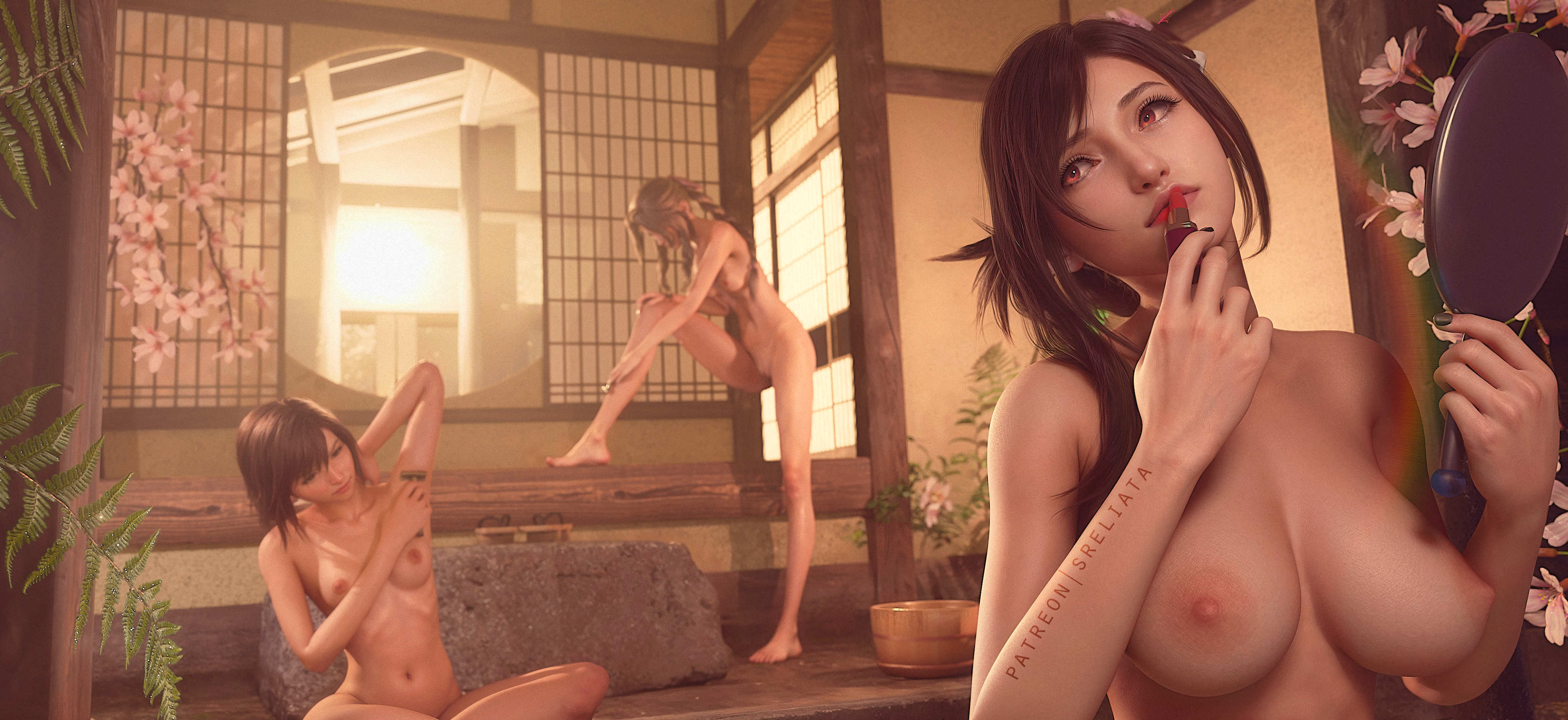 3d, 3girls, aerith gainsborough, applying makeup, architecture, arm tattoo, bangs, barefoot, black hair, body writing, breasts, breasts apart, brown eyes, brown hair, completely nude, cosmetics, east asian architecture, feet, female, female only, female pubic hair, final fantasy, final fantasy vii, final fantasy vii remake, flower, flower pot, hair flower, hair ornament, hair ribbon, hair up, hand mirror, high resolution, holding, indoors, jewelry, large breasts, large filesize, leg up, lips, lipstick, lipstick tube, long hair, looking at mirror, makeup, mascara, medium breasts, mirror, multiple females, multiple girls, navel, nipples, nude, nude female, nudist, parted lips, pink flower, plant, potted plant, pubic hair, red eyes, red lips, reflection, ribbon, shaved armpit, shaving, shaving armpits, shaving leg, short hair, sitting, sliding doors, sreliata, standing, standing on one leg, stomach, sunlight, tattoo, tifa lockhart, updo, vase, very high resolution, wall, white flower, wooden floor, yuffie kisaragi, yuri
