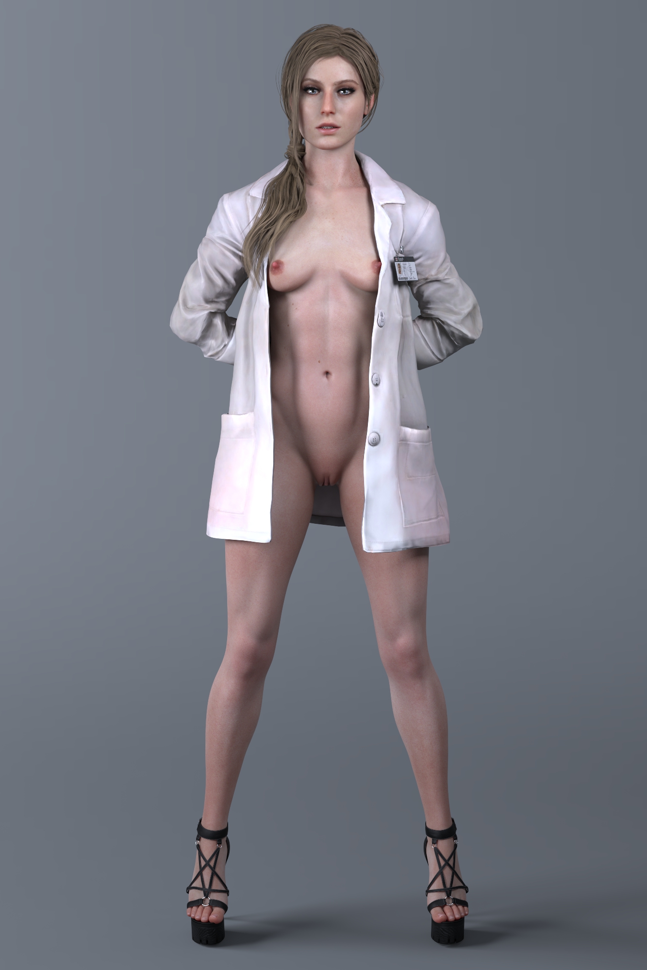 1girls, 3d, annette birkin, annette birkin (malgorzata dittmar), bottomless, coat, coat only, daz studio, female, female only, full body, high heels, labcoat, labcoat only, naked footwear, nude, nude female, platform heels, pussy, resident evil, resident evil 2, solo, white coat, zauselzaus