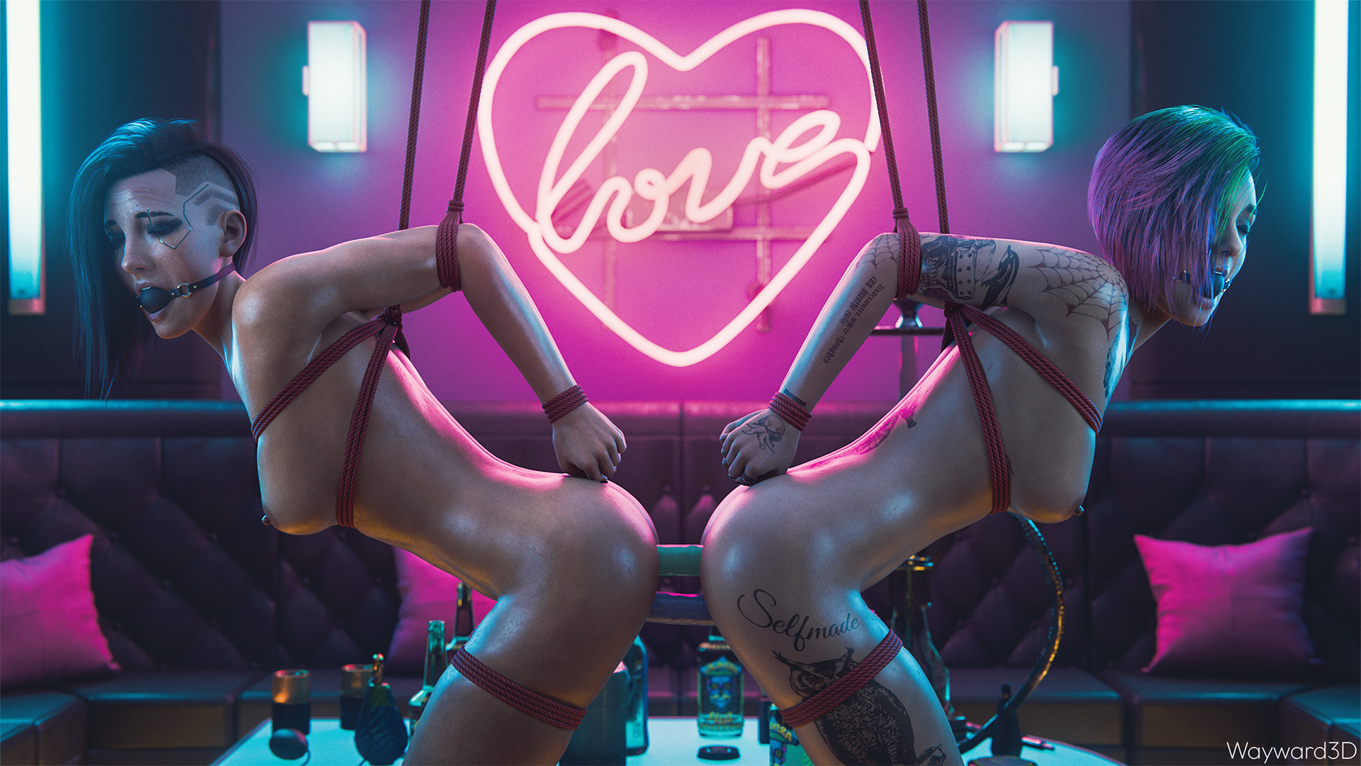 :o, 2girls, 3d, anal, anal insertion, anal penetration, anal sex, areolae, ass, ass to ass, ball gag, bondage, bound, bound together, breasts, closed eyes, cyberpunk 2077, dildo, dildo in ass, dildo in pussy, double dildo, dubious consent, female, female only, female/female, forced, forced partners, forced yuri, judy alvarez, mutual anal, mutual insertion, mutual masturbation, mutual yuri, nipples, predicament bondage, pussy, rope bondage, sex toy, v (cyberpunk 2077), valerie (cyberpunk 2077), waywardsfm, yuri