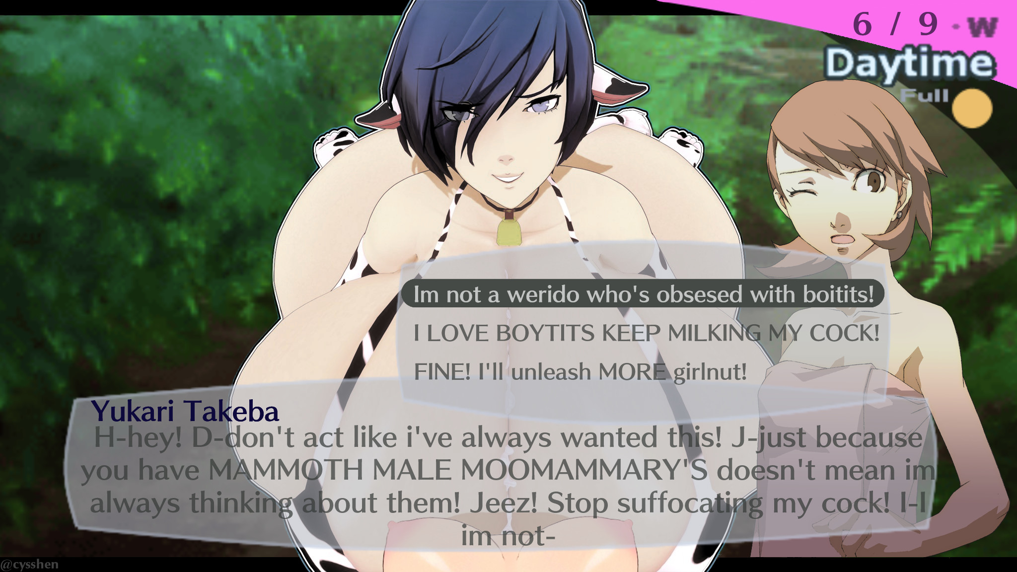 1boy, 1futa, 3d, armwear, ass, ass bigger than head, atlus, big ass, big breasts, big butt, bikini, blue eyes, blue hair, boy boobs, boy tits, breast focus, breast size difference, breasts, breasts bigger than head, brown hair, bubble ass, bubble butt, busty, busty male, busty male on futa, caption, clothing, continuous ejaculation, cow ears, cow print, cow print bikini, cowbell, cum, cum between breasts, cum on body, cum on breasts, cumshot, curvaceous, curvy, curvy figure, cyshen, edit, ejaculation, english text, futa on futa, futanari, girly, hud, huge ass, huge breasts, intersex, koikatsu, legwear, light skin, light-skinned futa, looking up, makoto yuki, male, male with breasts, milking, moobs, mostly nude, orgasm, paizuri, penis, penis milking, persona, persona 3, post-orgasm, post-orgasm paizuri, pov, pov futa, smug, text, text bubble, thick thighs, third-party edit, voluptuous, wide hips, yukari takeba