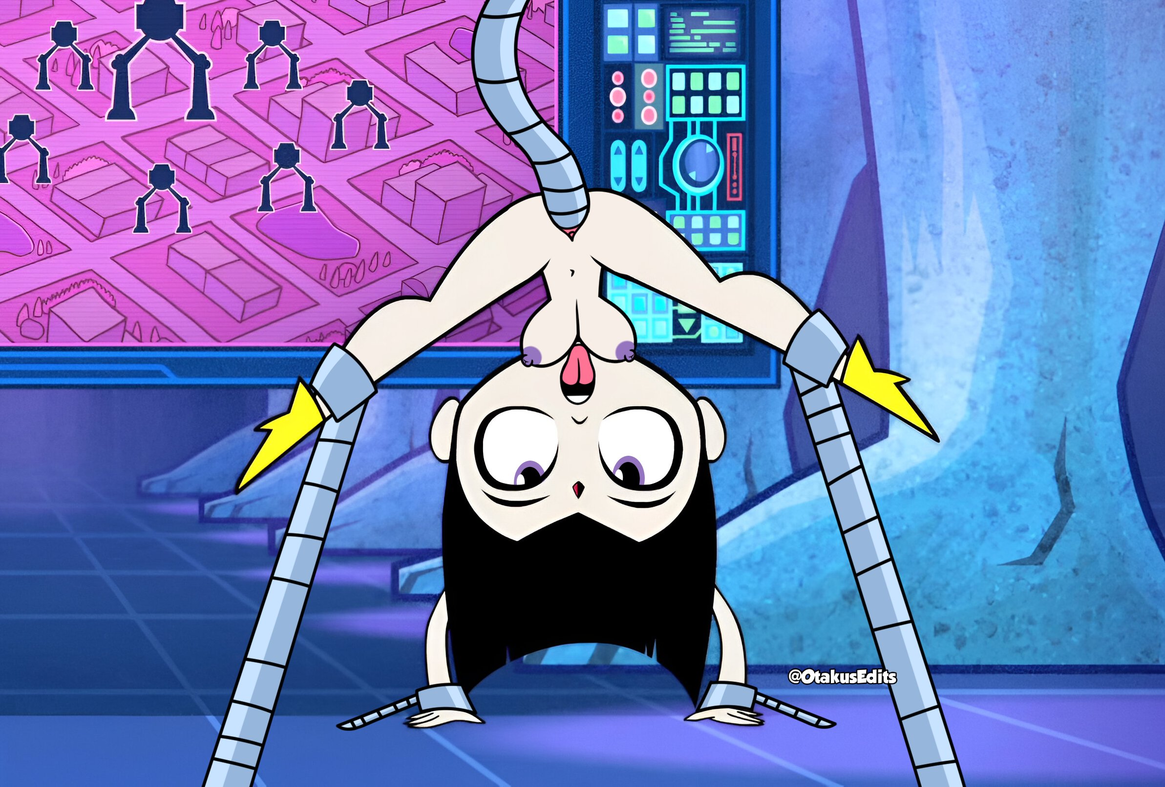 accurate art style, breasts, female, lady legasus, legs apart, otakusedits, raven (dc), robotic tentacles, teen titans go, tentacle