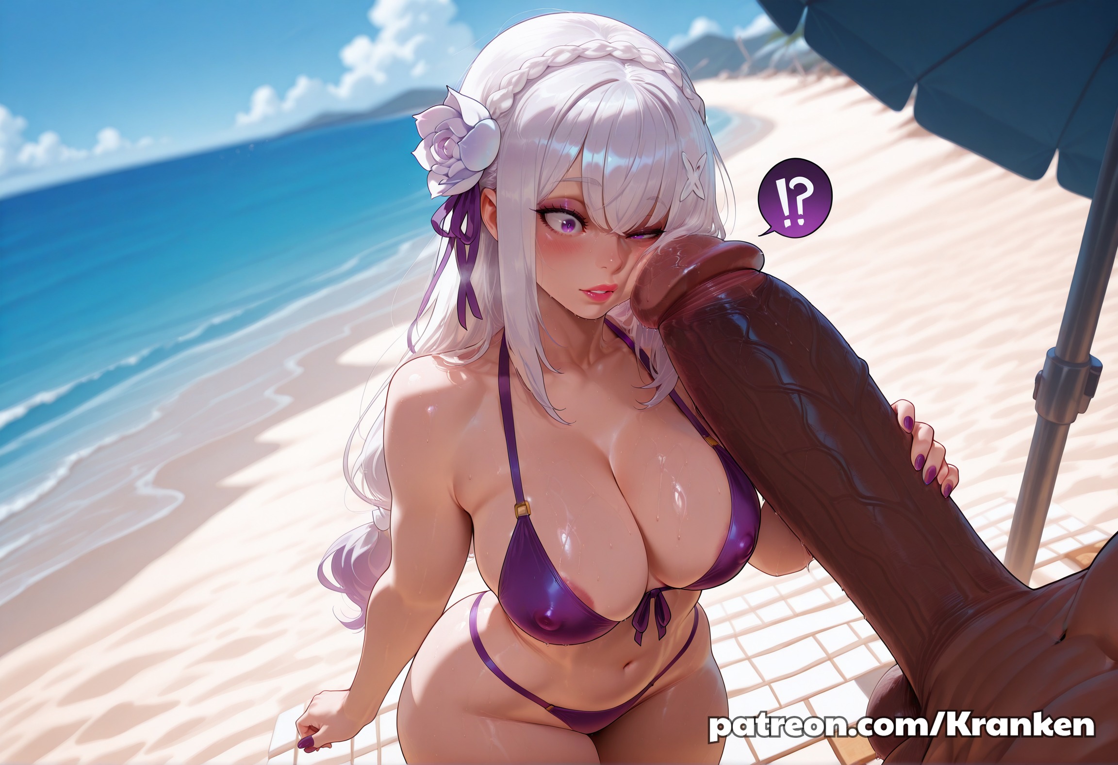 !?, 1boy, 1girls, ai generated, beach, beach background, beach sex, big cock, big penis, bikini, cleavage, cock, cock shock, dark skin, dark-skinned male, emilia (re:zero), eyes, female, female focus, fringe, gigantic penis, huge cock, imminent oral, interracial, interspecies, kranken, large penis, light skin, light-skinned female, long hair, male, male/female, oral, patreon, patreon url, patreon username, penis, penis on face, pointy ears, purple bikini, purple eyes, re:zero kara hajimeru isekai seikatsu, sea, seaside, shock, shocked, shocked expression, shocked eyes, surprised, veiny penis, white hair