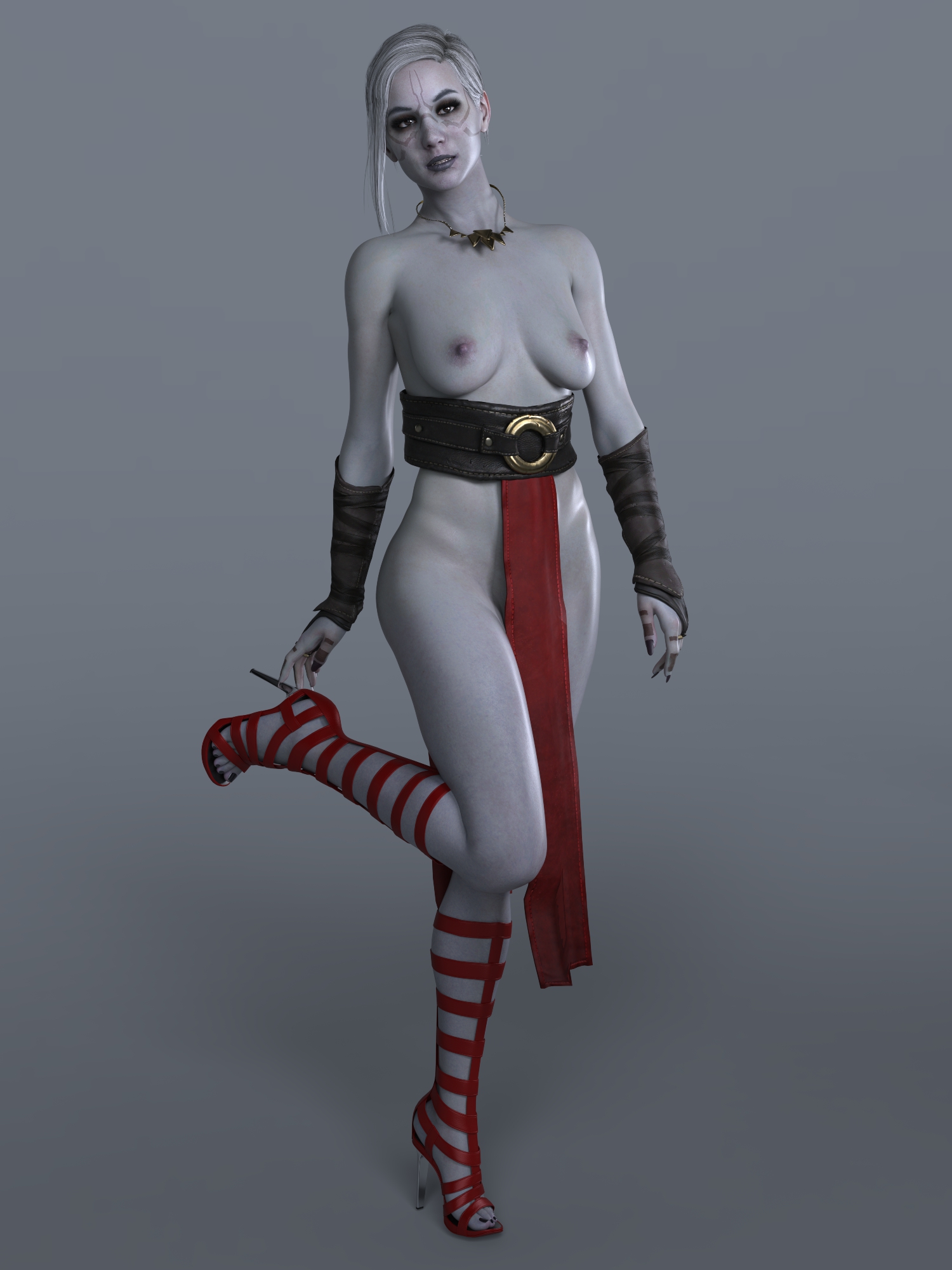 1girls, 3d, daz studio, female, female only, grey skin, grey-skinned female, high heels, jedi: fallen order, merrin, pelvic curtain, solo, star wars, topless, topless female, zauselzaus