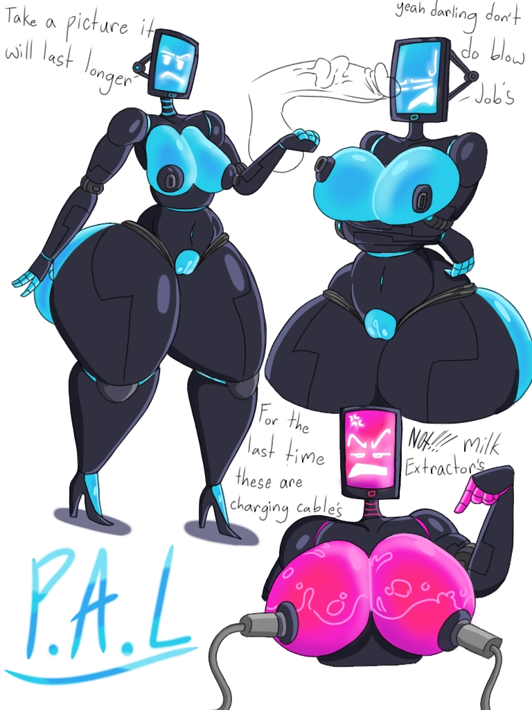 annoyed expression, arms crossed, big breasts, blue body, blue breasts, blue pussy, breasts, dissappointed look, female, floating penis, high heels, japansadface, male, milk pump, pal (the mitchells vs. the machines), penis, penis against face, pointing at self, pussy, red body, robot humanoid, screen face, talking to viewer, text, the mitchells vs. the machines, thick thighs