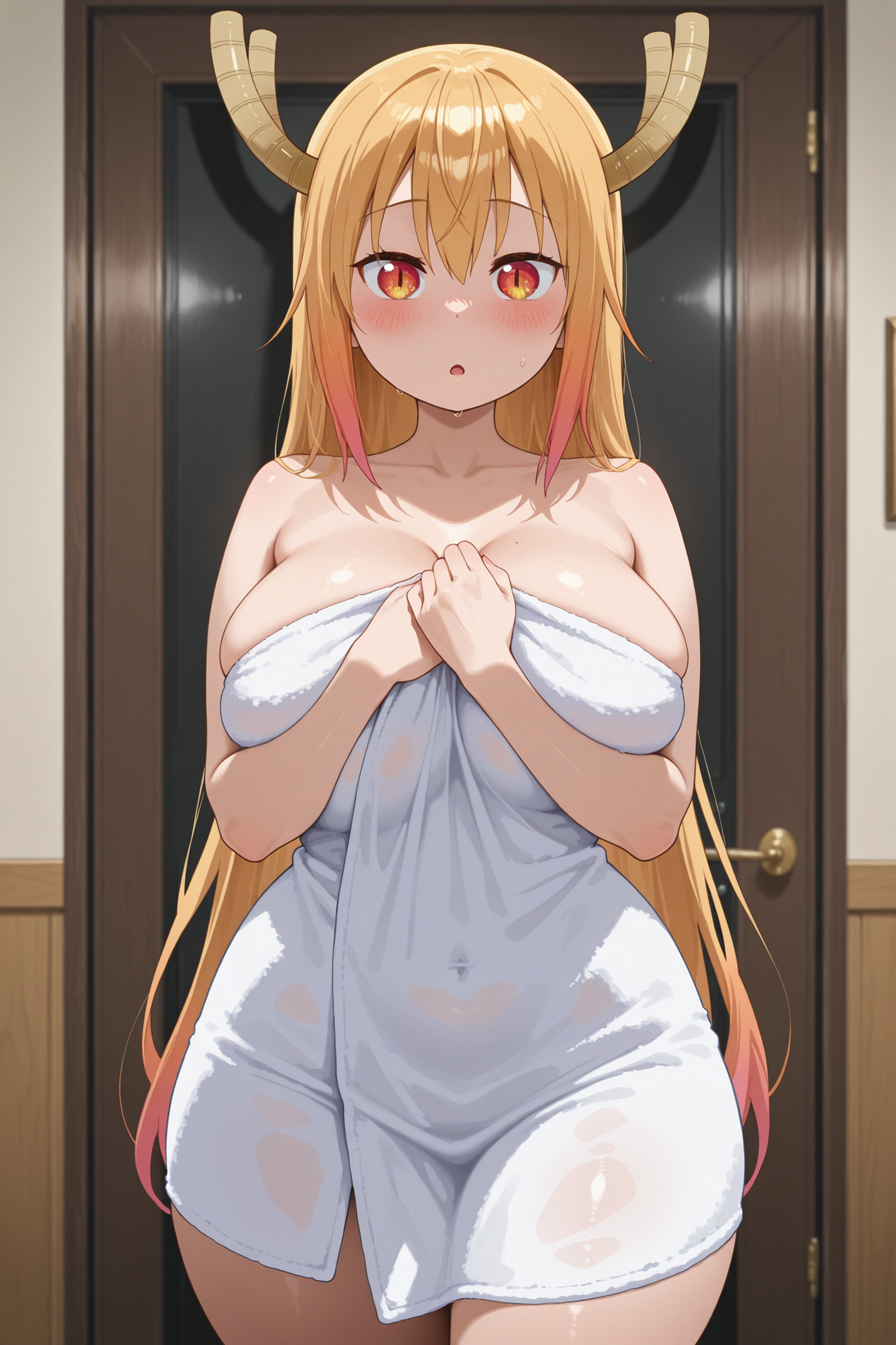 ai generated, breasts, breasts bigger than head, female, gtsrak, huge breasts, miss kobayashi's dragon maid, sexy, thighs, tohru (dragon maid), towel, towel only, wet