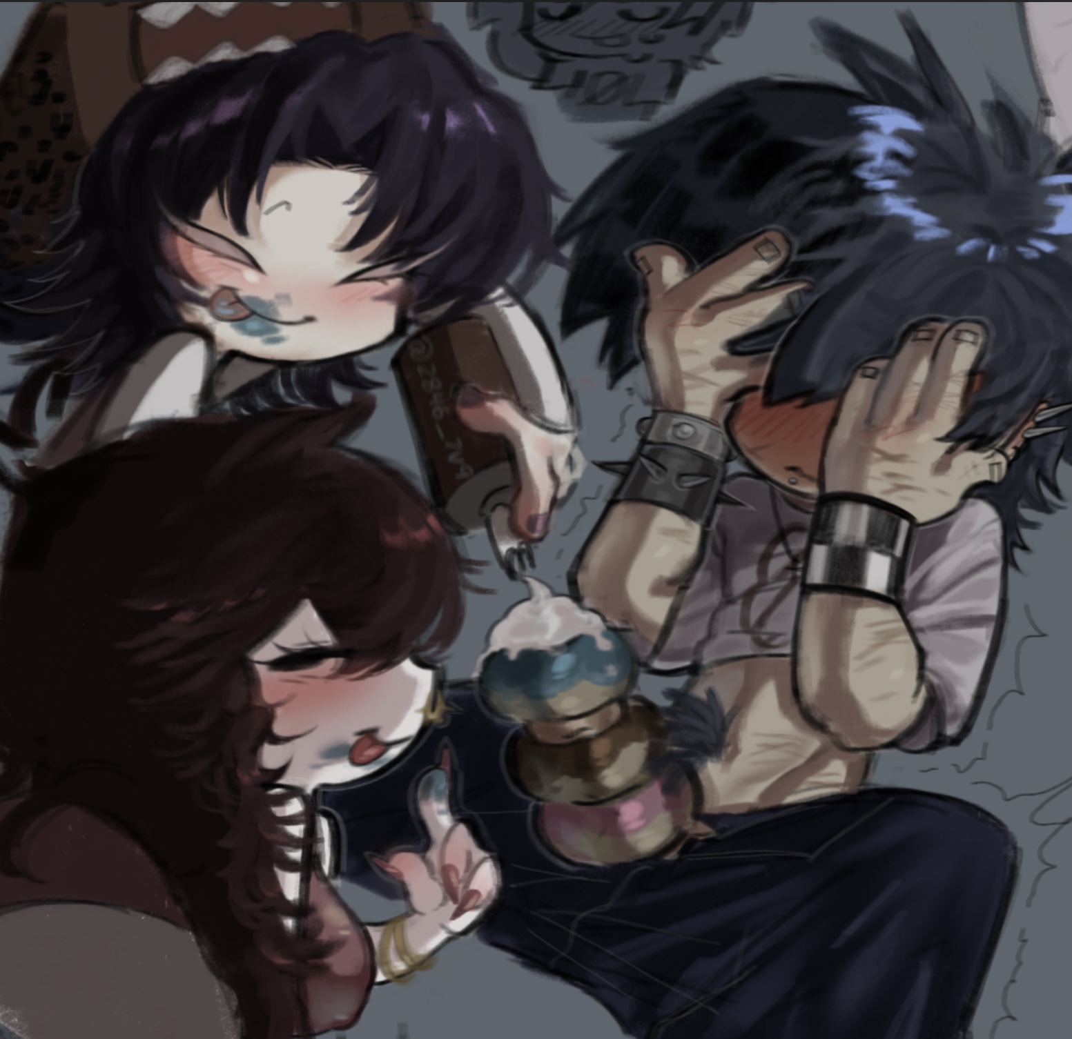 1boy, 2girls, asian female, blue hair, blue pubic hair, boyfriend (friday night funkin), checkered, cloudpiss, covering face, doughnut, female, friday night funkin, girlfriend (friday night funkin), hands on face, male, nene (newgrounds), red hat, scene, scene hair, self upload, whip cream