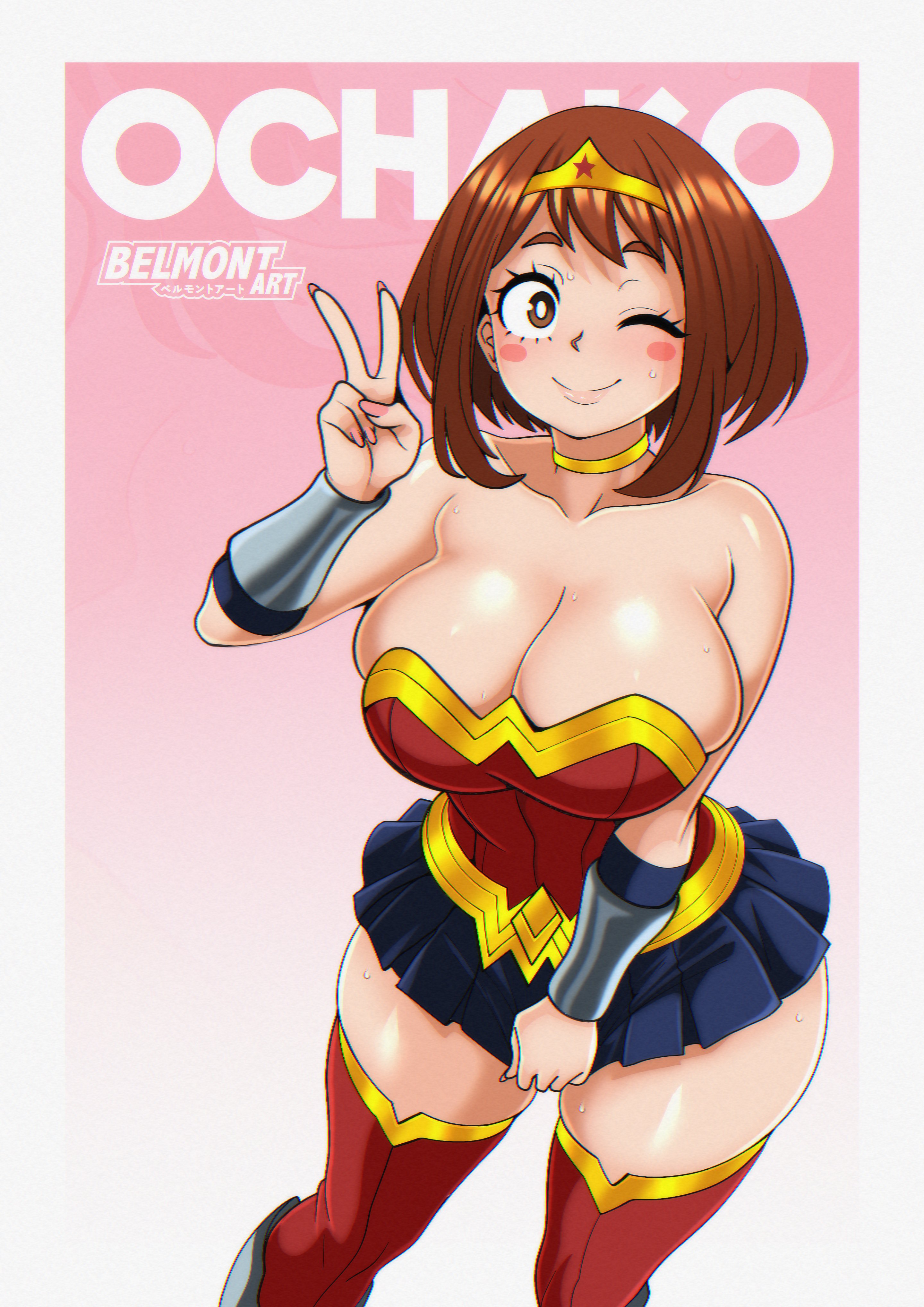 1girls, adjusting clothes, belmont, big breasts, big hips, big thighs, blush, boku no hero academia, boots, breasts, brown eyes, brown hair, brown-haired female, brunette, chestnut hair, choker, cosplay, curvy, curvy figure, dc, dc comics, female, female only, hazel eyes, hips, huge breasts, large breasts, long boots, miniskirt, my hero academia, nail polish, ochako uraraka, peace sign, pink nails, princess, short hair, short skirt, skirt, thick thighs, thighs, tiara, tugging clothing, v sign, voluptuous, voluptuous female, wide hips, wink, wonder woman (cosplay), wonder woman (series)
