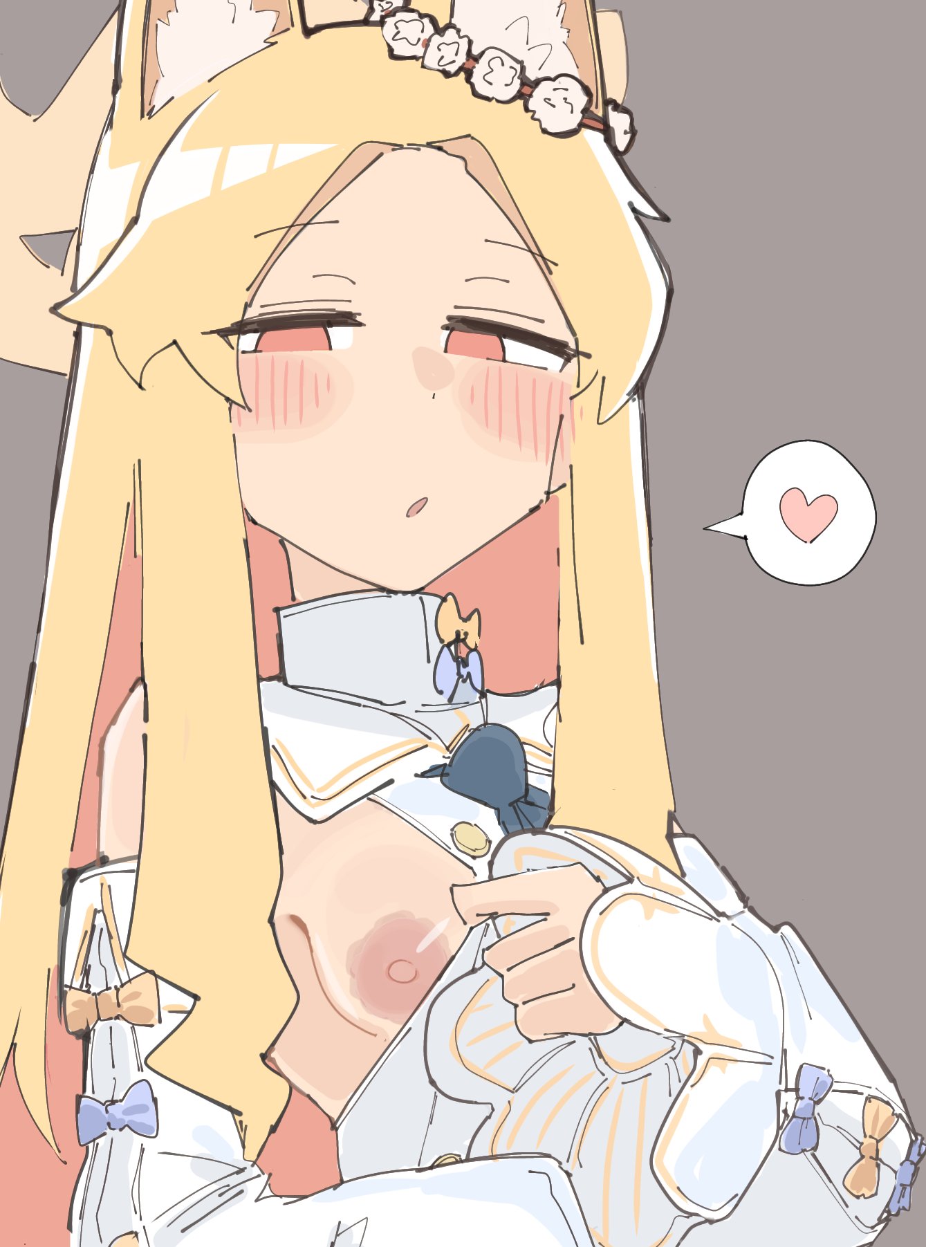 animal ears, areolae, bagaponchi, big areola, big nipple, big nipples, blonde hair, blue archive, blush, blush lines, breasts, casual, color, female, flashing, flashing breast, flashing breasts, heart, light skin, nipples, no bra, one breast out, one nipple out, seia (blue archive), small breasts, speech bubble, spoken heart, upper body focus