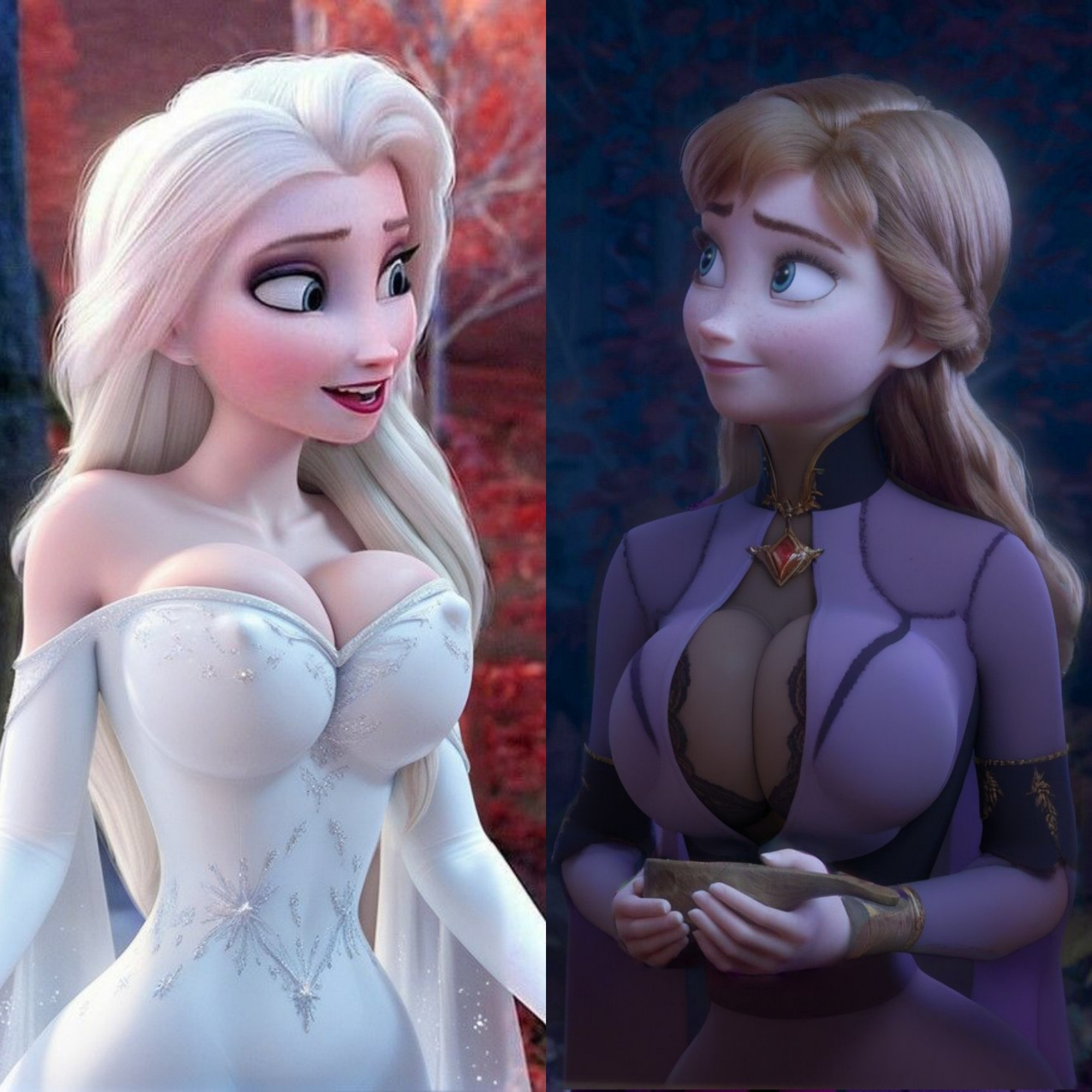 3d, accurate art style, anna (frozen), big breasts, breasts, cleavage, clothing, disney, dress, elsa (frozen), erect nipples, erect nipples under clothes, fake ruidx, female, frozen (film), frozen 2, huge breasts, large breasts, princess, warmachine0001