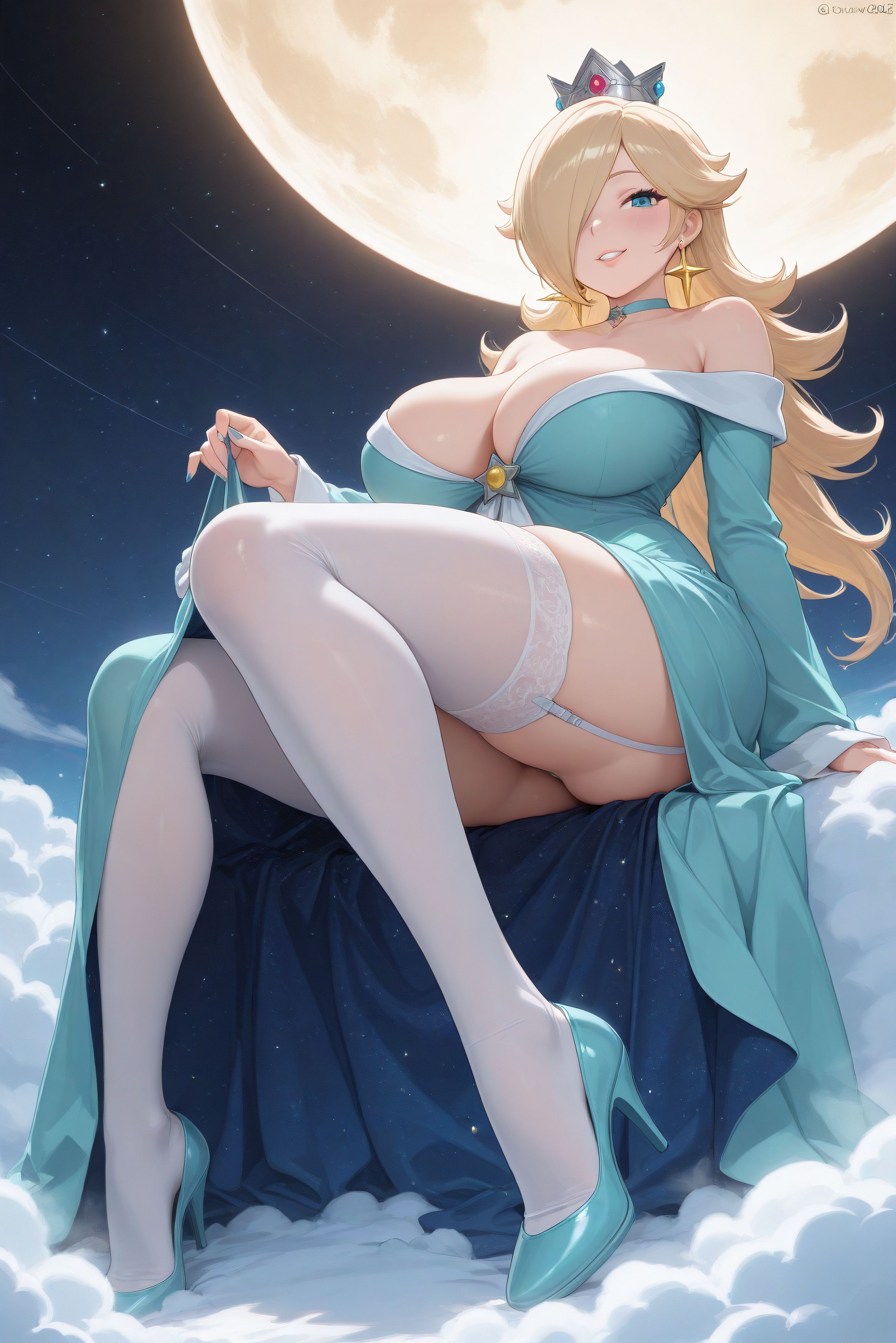 1girls, ai generated, ass, big ass, big breasts, big butt, blonde hair, blue dress, blue eyes, blue fingernails, blush, breasts, choker, cleavage, colored nails, crown, curvaceous, curvaceous female, curvaceous figure, curves, curvy, curvy body, curvy female, curvy figure, curvy hips, curvy thighs, cyan eyes, dress, dress lift, earring, earrings, eyelashes, female, female focus, female only, fingernails, galaxy, garter, garter belt, garter straps, garters, grin, grinning at viewer, hair ornament, hair over one eye, hi res, high heels, high quality, high resolution, highres, hips, hourglass figure, large ass, large breasts, light skin, light-skinned female, lips, lipstick, long bangs, long dress, long hair, mario (series), mature, mature female, mature woman, mommy, night, nintendo, pale skin, pale-skinned female, parted lips, pose, posing, princess, princess rosalina, robe, seductive, seductive look, seductive pose, seductive smile, self upload, sexy pose, sky, smile, smiling, smiling at viewer, space, star, super mario bros., super mario galaxy, thick ass, thick hips, thick legs, thick thighs, thigh highs, thighhighs, thighs, velutinx, voluptuous, voluptuous body, voluptuous female, wide hips, wide thighs, yellow hair