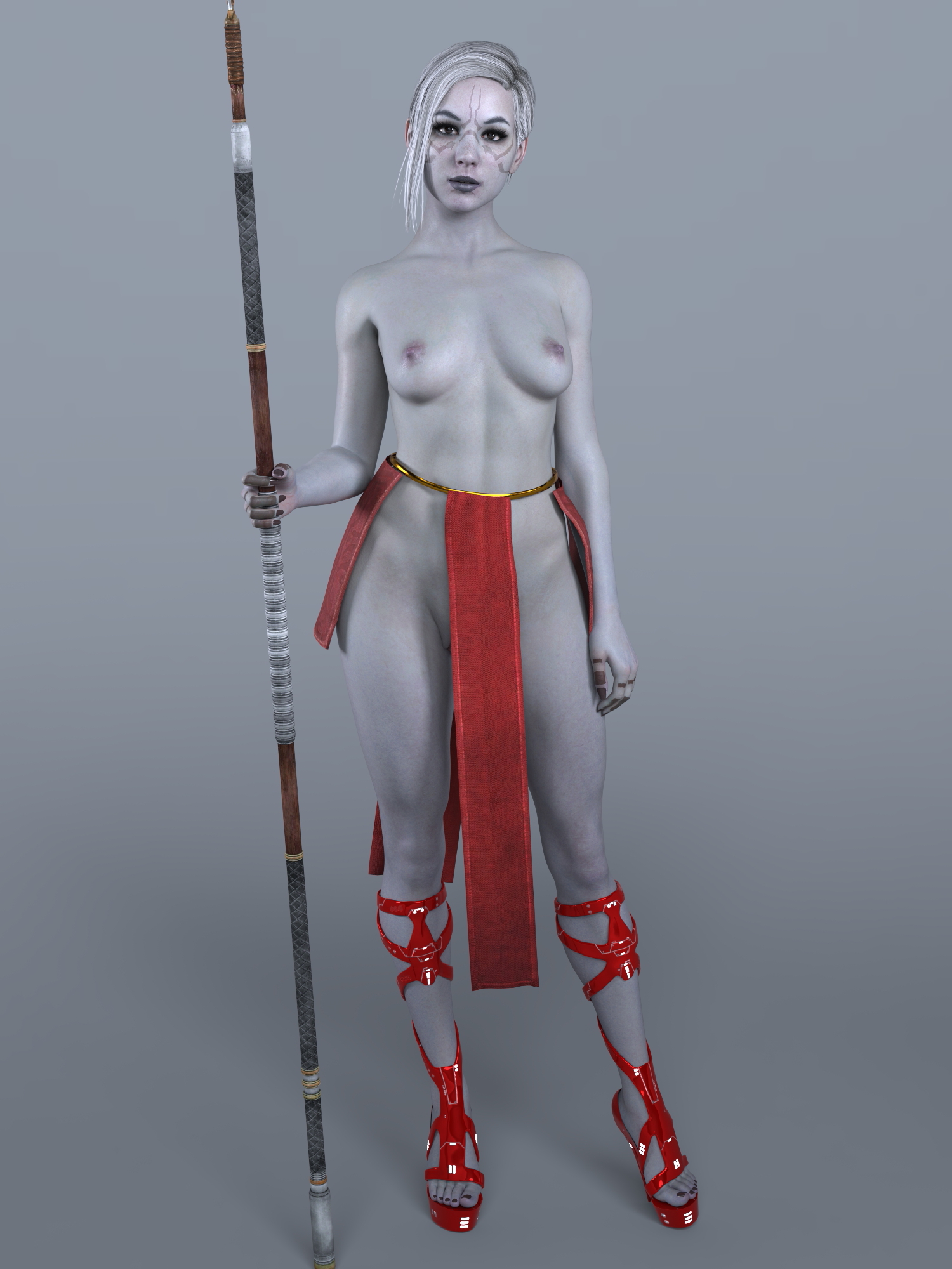 1girls, 3d, dathomiri, dathomirian, daz studio, female, female only, full body, grey skin, grey-skinned female, high heels, jedi: fallen order, loincloth, merrin, nightsister, pelvic curtain, platform heels, solo, star wars, topless, topless female, zauselzaus