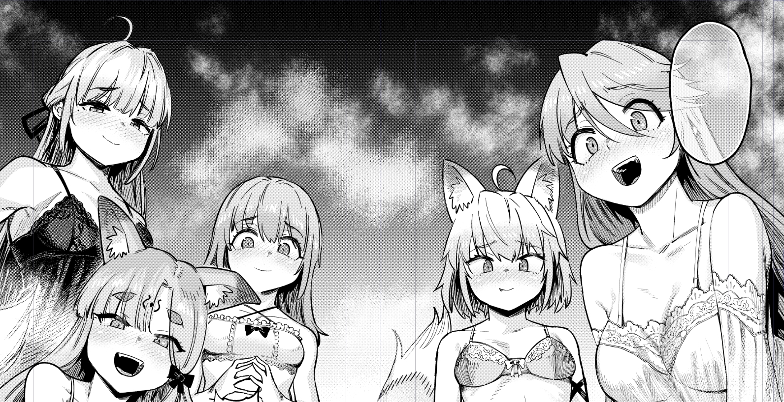 5girls, black and white, cute, female, female focus, flare arlgrande jioral, guren (redo of healer), harem, horny, kaifuku jutsushi no yarinaoshi, kureha clyret, langerie, manga, manga style, norn clatalissa jioral, panel, panties, redo of healer, setsuna (redo of healer), waiting for sex
