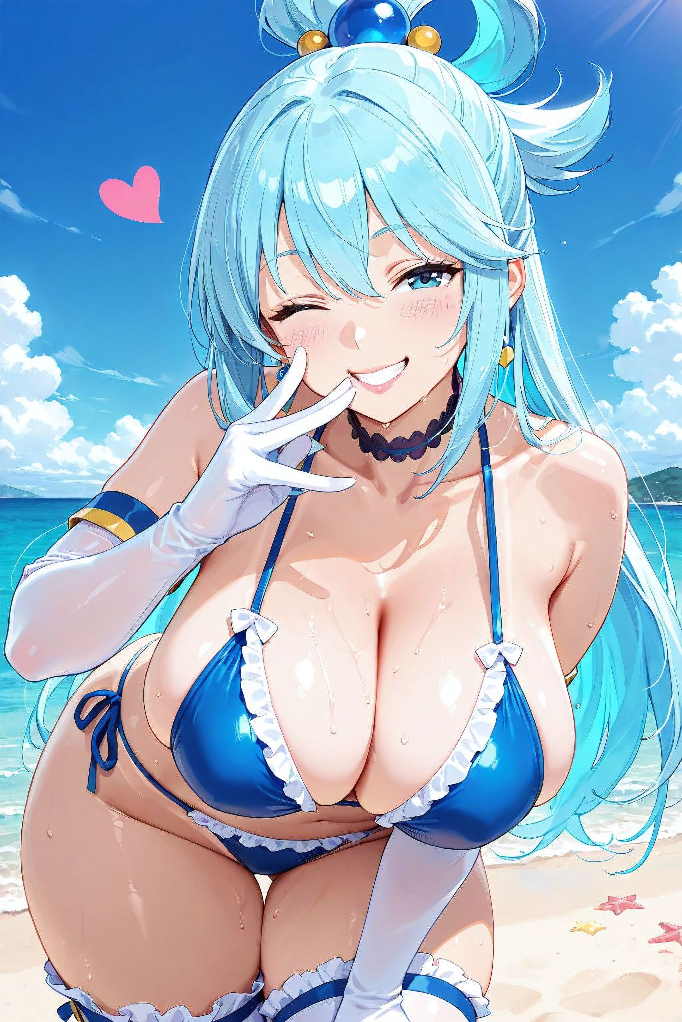 1girls, ai generated, aqua (konosuba), ass, beach, big ass, big breasts, bikini, bikini bottom, bikini top, blue eyes, blue hair, blush, breasts, bridal gauntlets, chocker, cowboy shot, curvaceous, curvaceous female, curvaceous figure, curves, curvy, curvy body, curvy female, curvy figure, curvy hips, earring, earrings, eyelashes, female, female focus, female only, frilled bikini, frilled bra, frilled legwear, frilled panties, frills, gloves, grin, grinning at viewer, hand on hip, hand on mouth, heart symbol, hi res, high ponytail, high quality, high resolution, highres, hourglass figure, kono subarashii sekai ni shukufuku wo!, konosuba, large breasts, leaning, leaning forward, light blue hair, light skin, light-skinned female, lipstick, long bangs, long gloves, mature, mature female, mommy, one eye closed, pale skin, pale-skinned female, parted lips, ponytail, pose, posing, seductive, seductive look, seductive pose, seductive smile, self upload, sexy pose, side-tie bikini, sidelocks, smile, smug, smug expression, smug face, smug grin, smug smile, sweat, sweatdrop, sweating, tan, tan body, tan skin, tan-skinned female, tanline, tanlines, tanned, tanned skin, thick ass, thick butt, thick thighs, thighs, velutinx, voluptuous, voluptuous female, wide hips, wide thighs